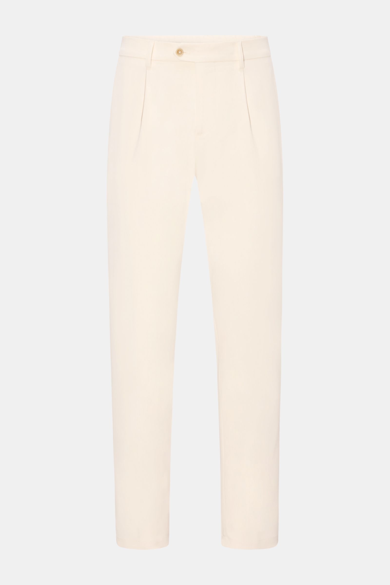 Front view of Marco Pescarolo Chinos 'Far' creme, made from soft cotton-cashmere twill with stretch, featuring regular fit, zipper, button closure, partial elastic waistband, single pleats, French pockets, and welt back pockets with buttons.