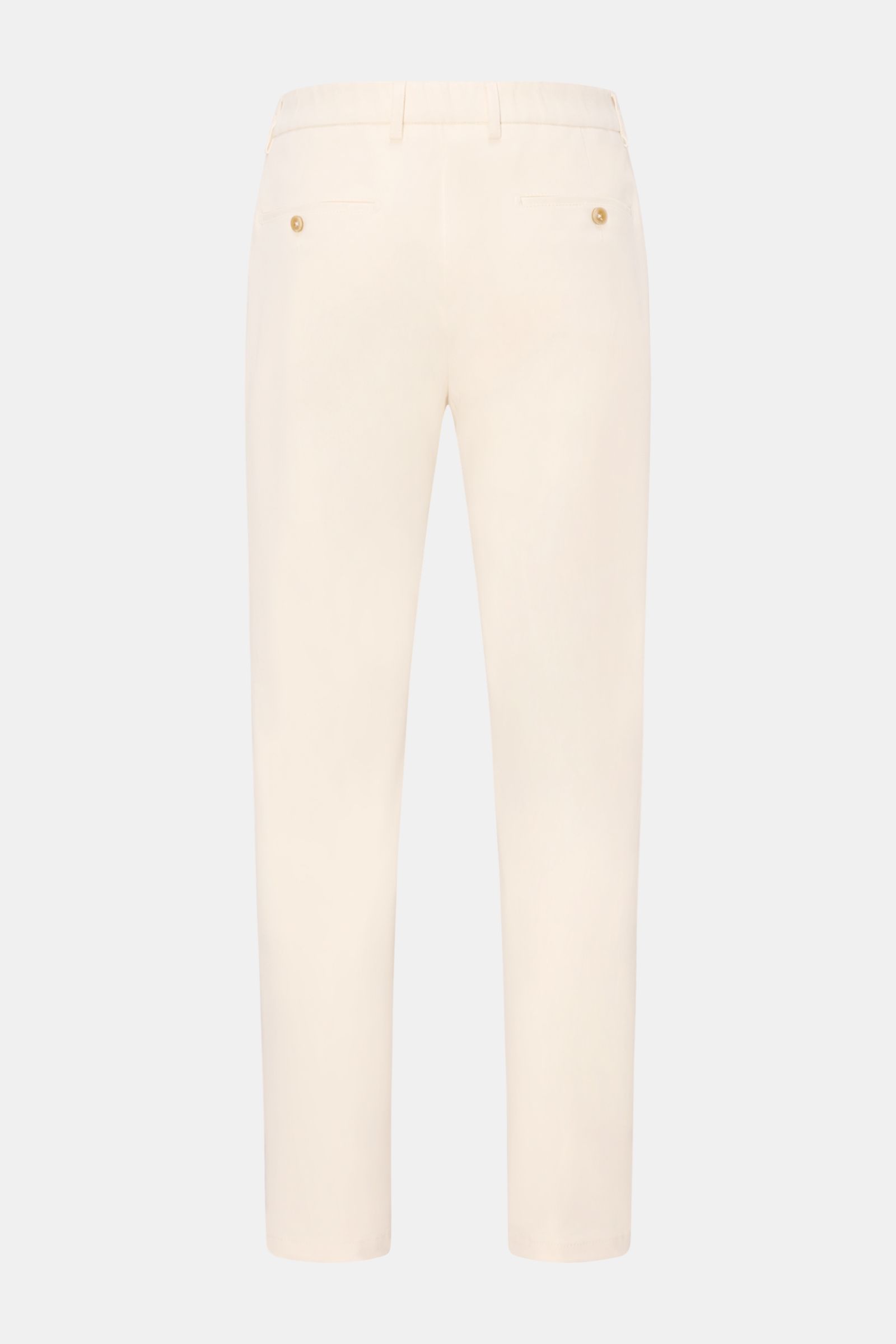 Rear view of Marco Pescarolo Chinos 'Far' creme, soft twill cotton-cashmere blend, regular fit with welt back pockets and buttons.

Description: Die softe Chino 'Far' aus dem Hause MARCO PESCAROLO vereint Komfort aus edlem Baumwoll-Mix mit höchster nea