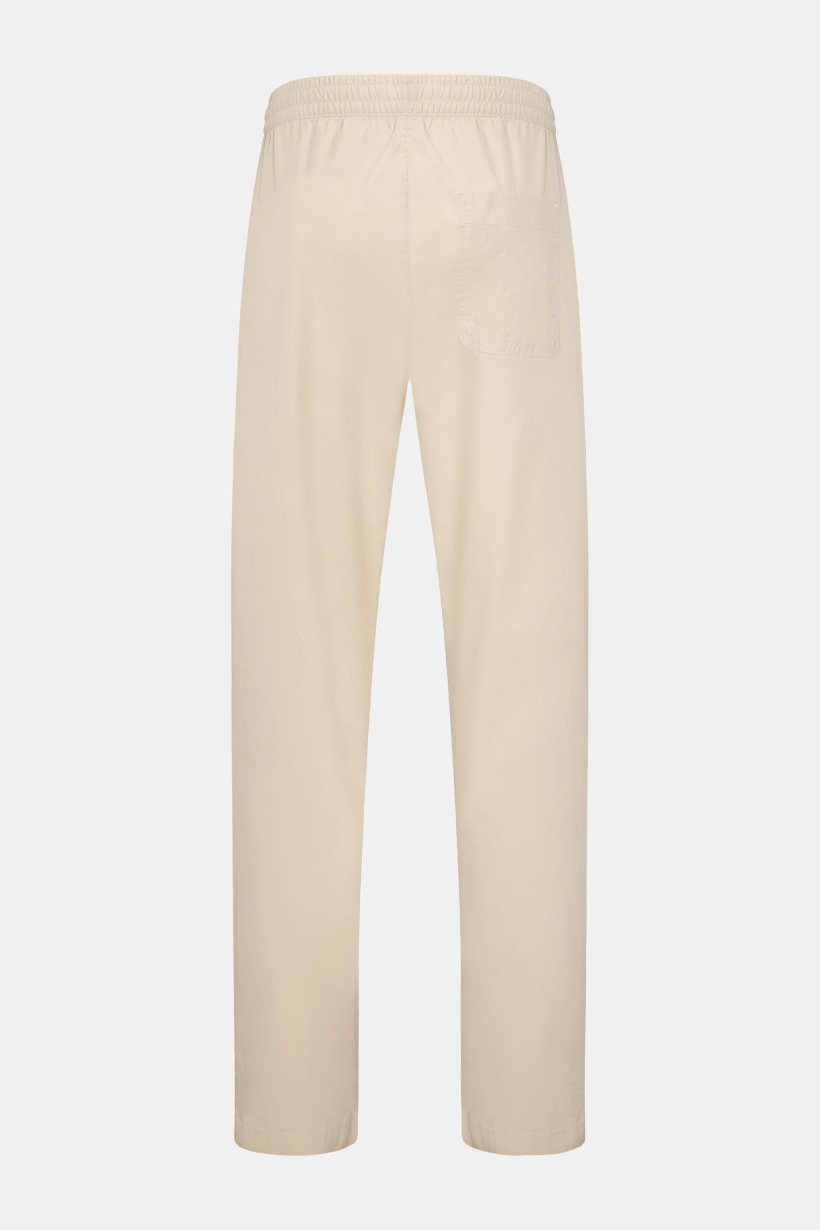 Rückansicht von 04651/ A trip in a bag Hosen in Beige mit Gummibund und Gesäßtasche, frontal in voller Länge fotografiert.