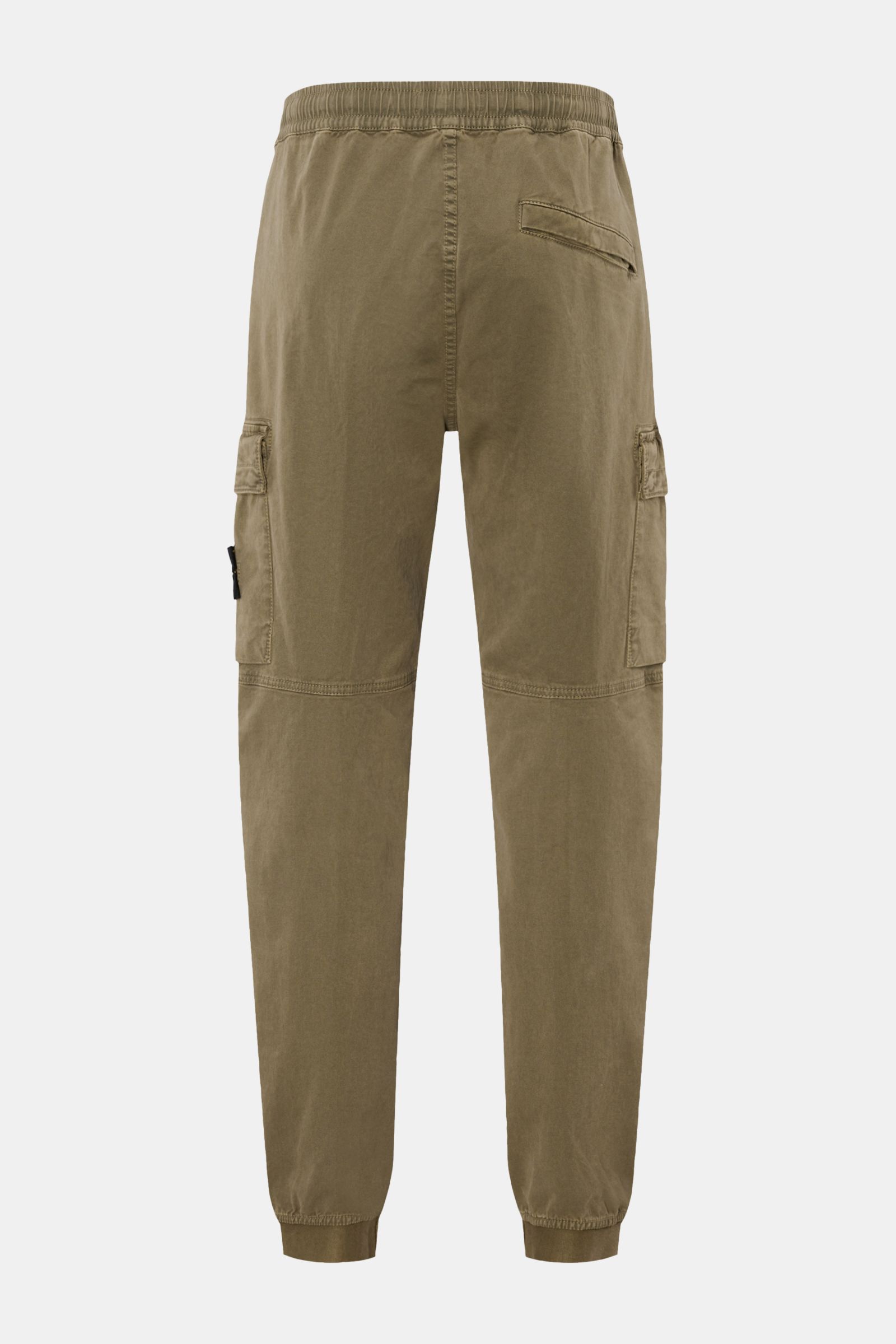 Stone Island Cargo-Jogpants oliv, Rückansicht, elastische Bio-Baumwolle, kurze Tapered Fit, Cargo- und Zipper-Taschen, Kompass-Badge.