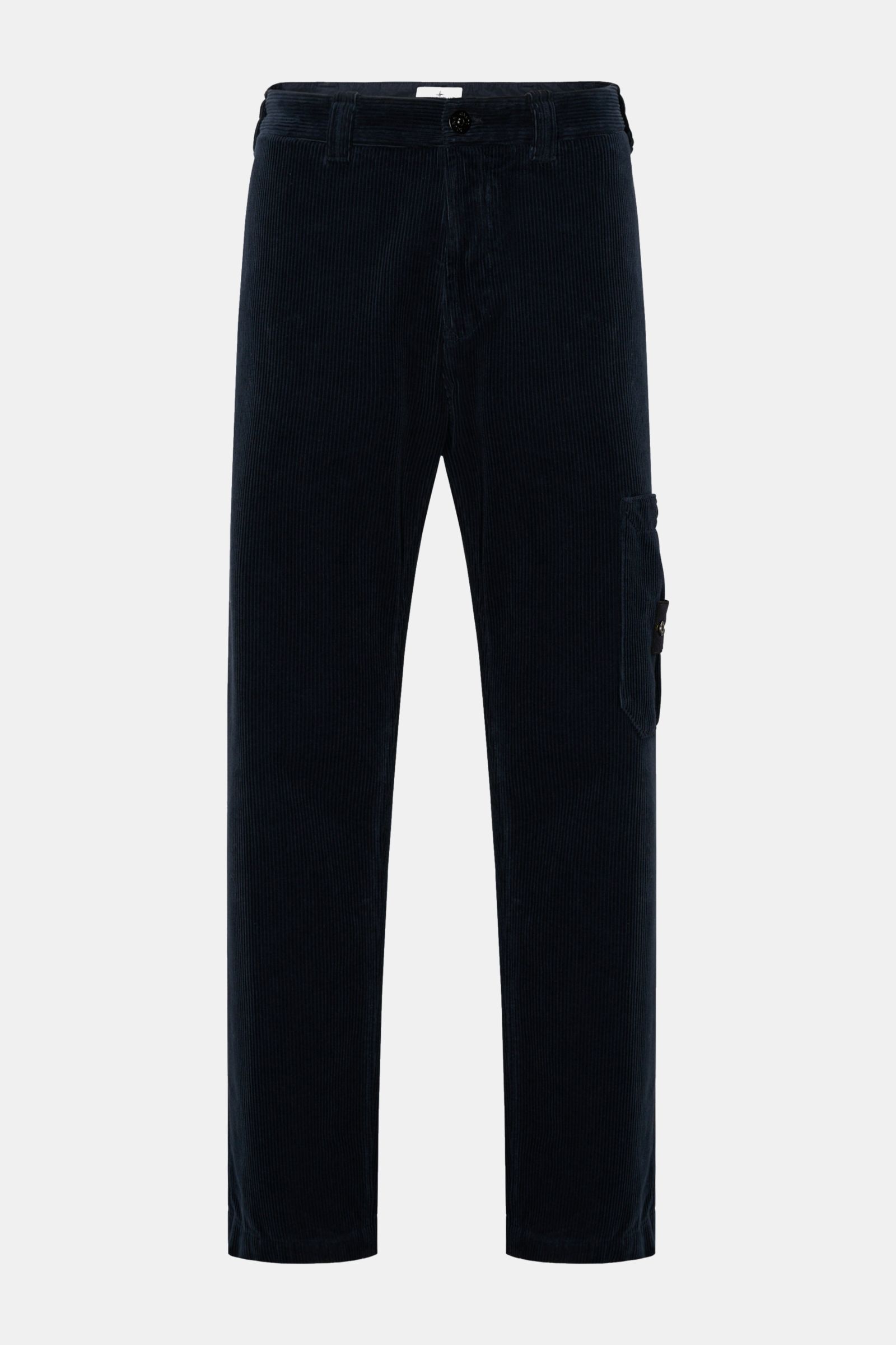 Stone Island Cord-Cargohose navy front view, navy blue corduroy cargo pants in regular fit with straight cut, side and back pockets, zipper and button closure, soft organic cotton fabric, featuring the iconic compass badge, casual and distinct style. 

