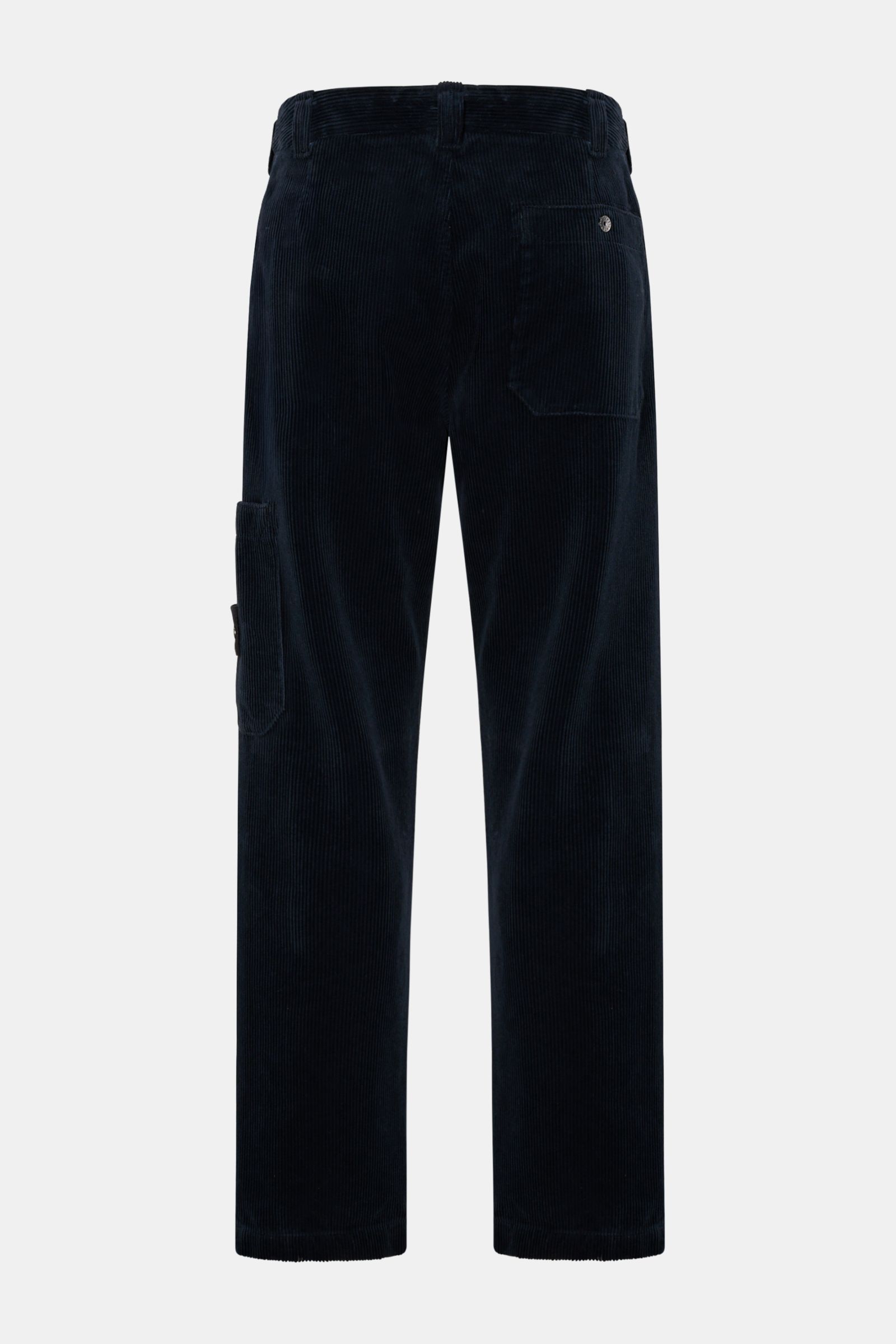 Stone Island Cord-Cargohose navy shown from the back in a straight regular fit with soft organic cotton corduroy, side cargo pocket with button, back pocket with button, side seam pockets, zipper and waistband button, and iconic compass badge, combining c