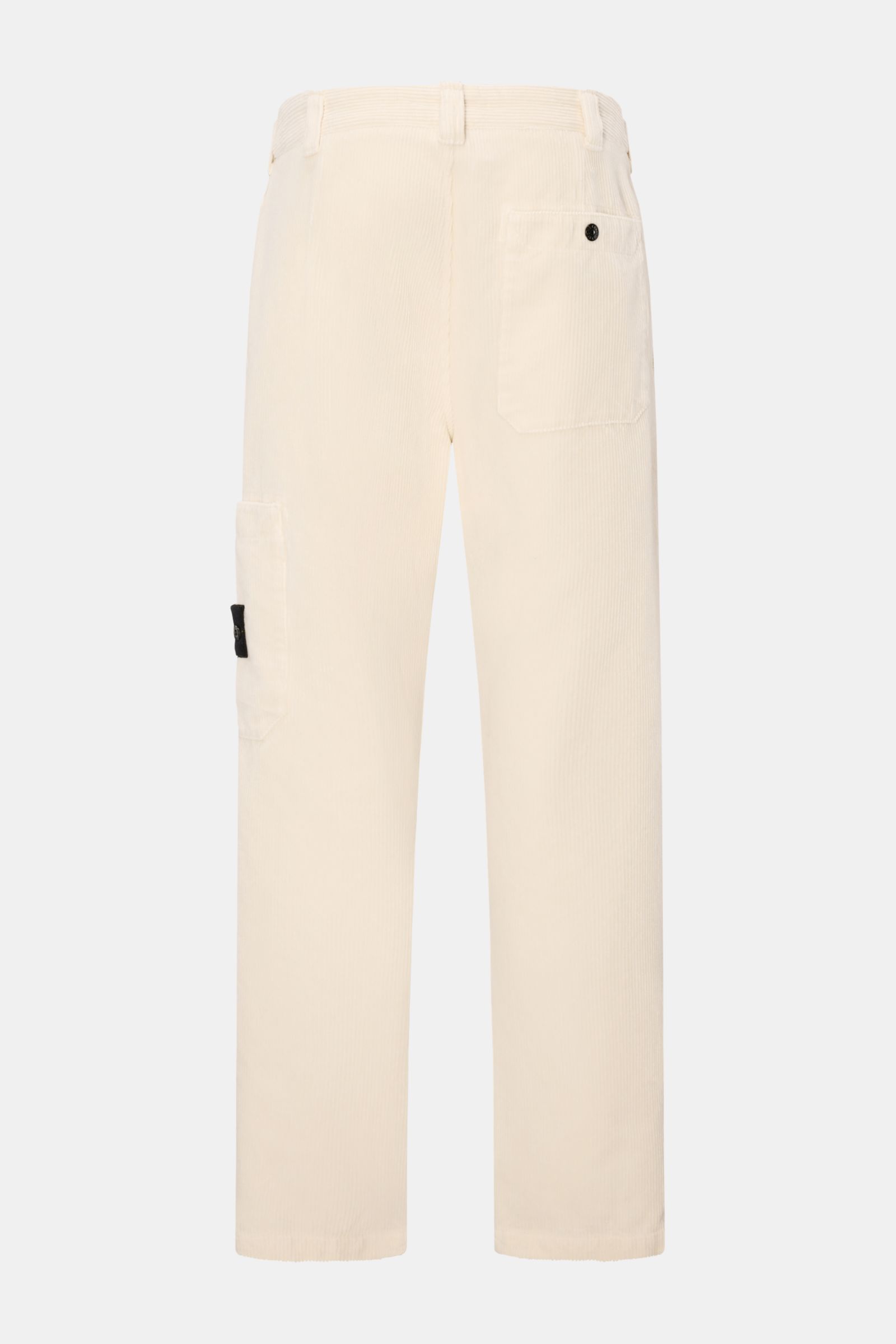 Stone Island Cord-Cargohose creme aus Bio-Baumwolle, weicher Cord, Regular Fit, gerader Schnitt, Cargo- und Gesäßtasche, Kompass-Badge, Rückansicht.