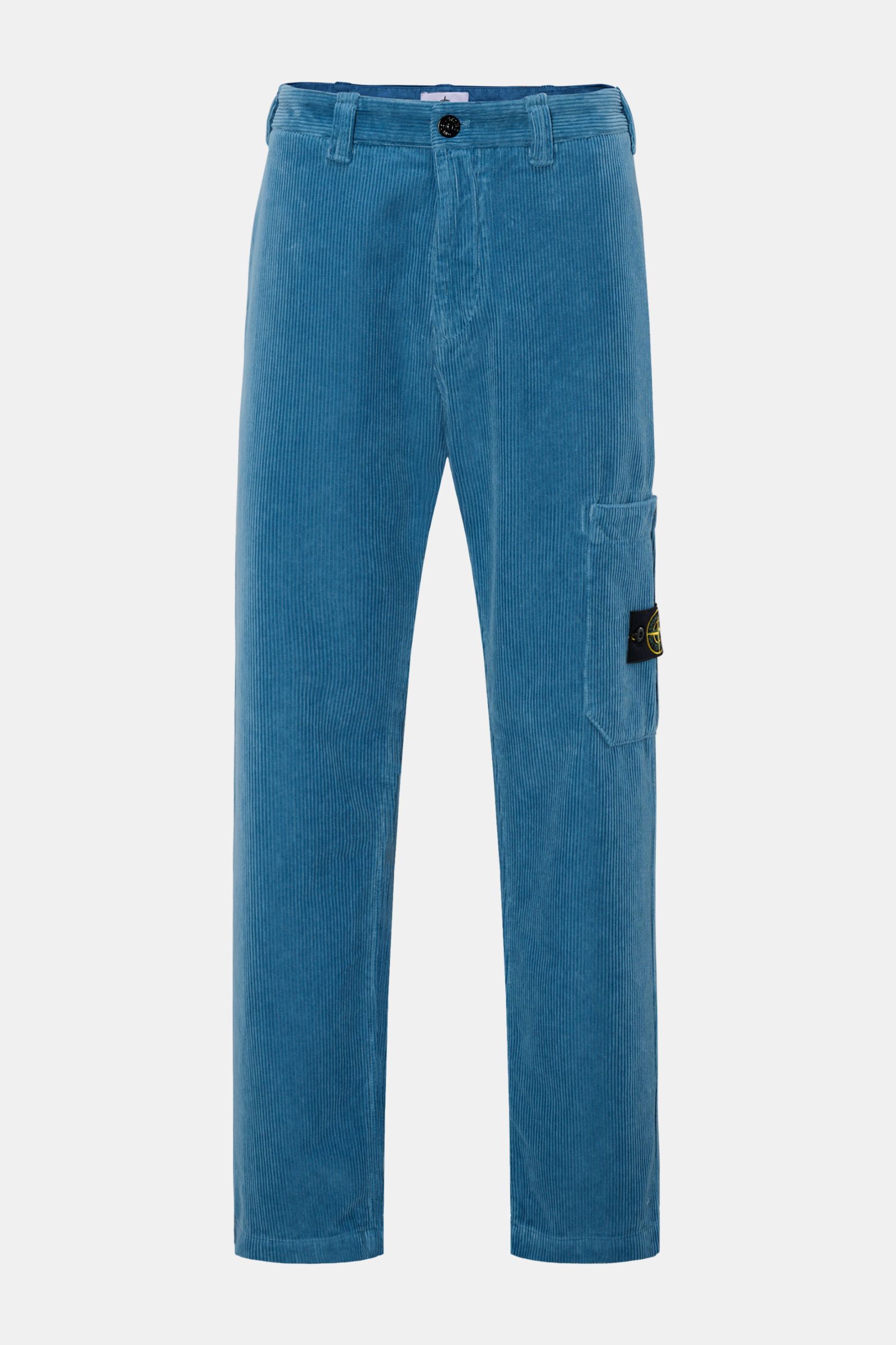 Stone Island Cord-Cargohose blau aus weichem Bio-Baumwoll-Cord, Regular Fit mit geradem Schnitt, seitlicher Cargo-Tasche und Kompass-Badge, frontale Ansicht.