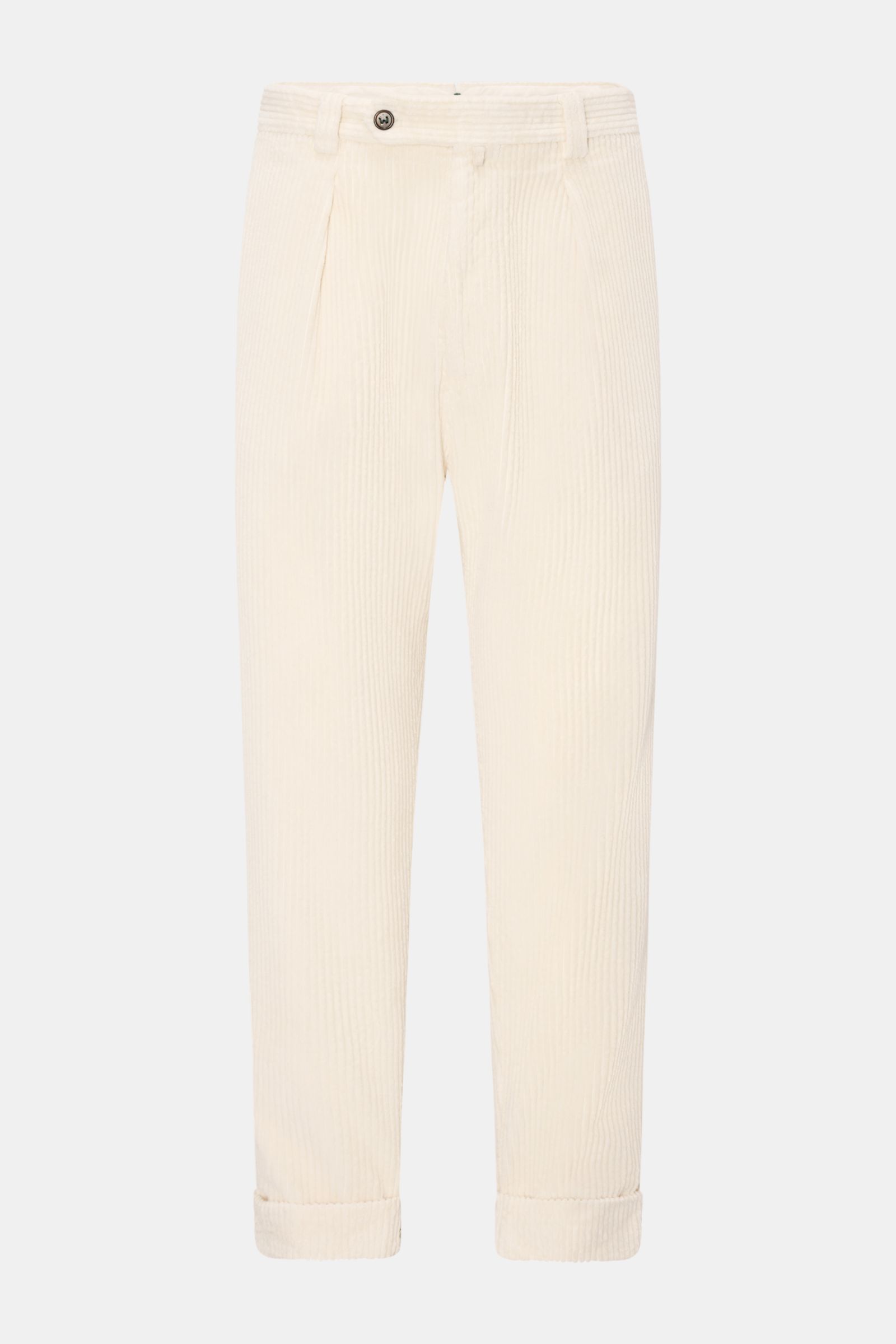 Berwich Cordhose 'Chiaia' creme aus Breitcord, Tapered Fit, knöchellang mit Bundknopf, Reißverschluss, Bundfalte, Taschen, Saumaufschlag, Frontansicht.