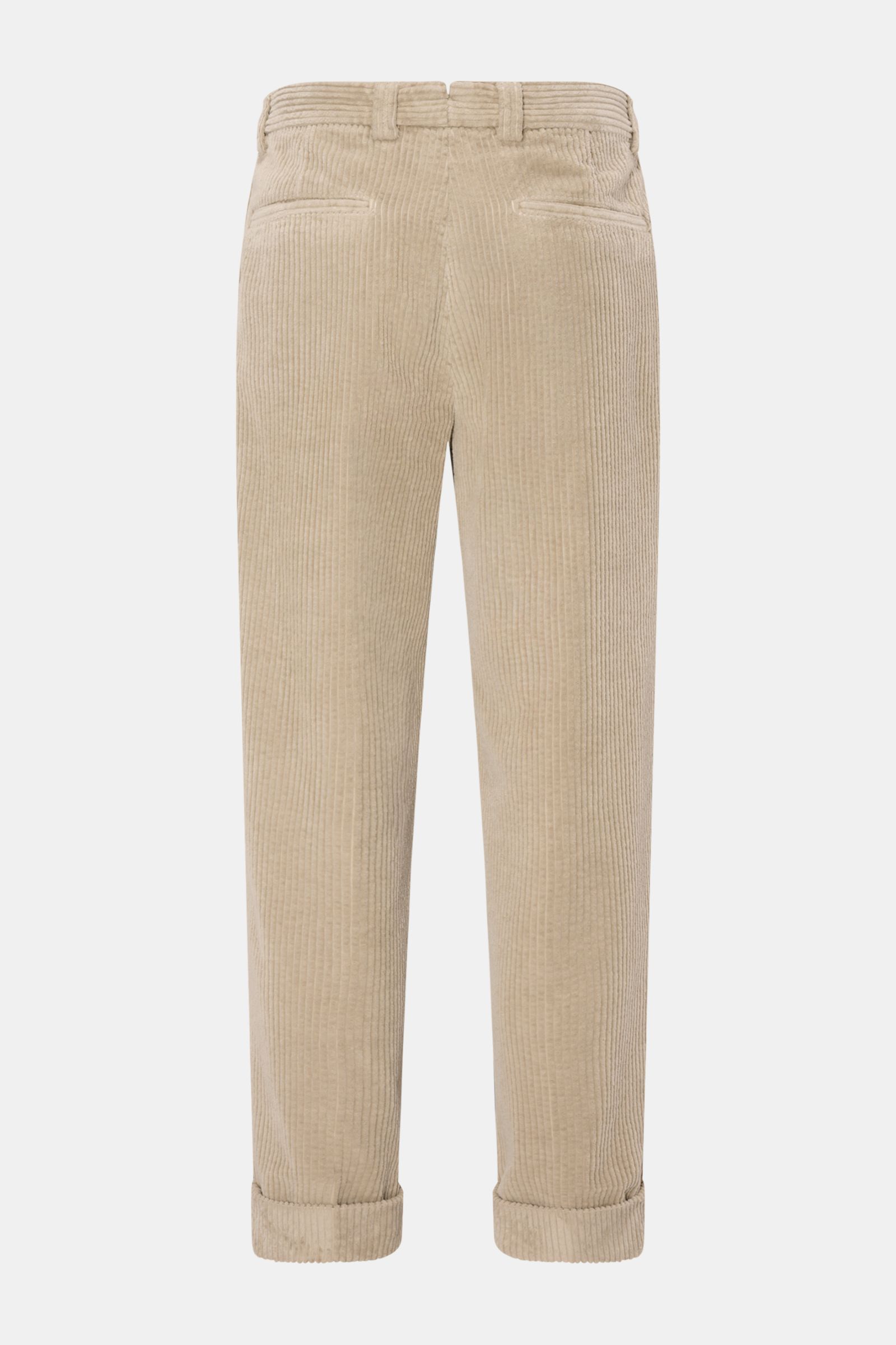 Rear view of Berwich Cordhose 'Chiaia' sand, tapered fit corduroy pants in pure cotton with side and welt back pockets, cuffed ankles, and belt loops.
