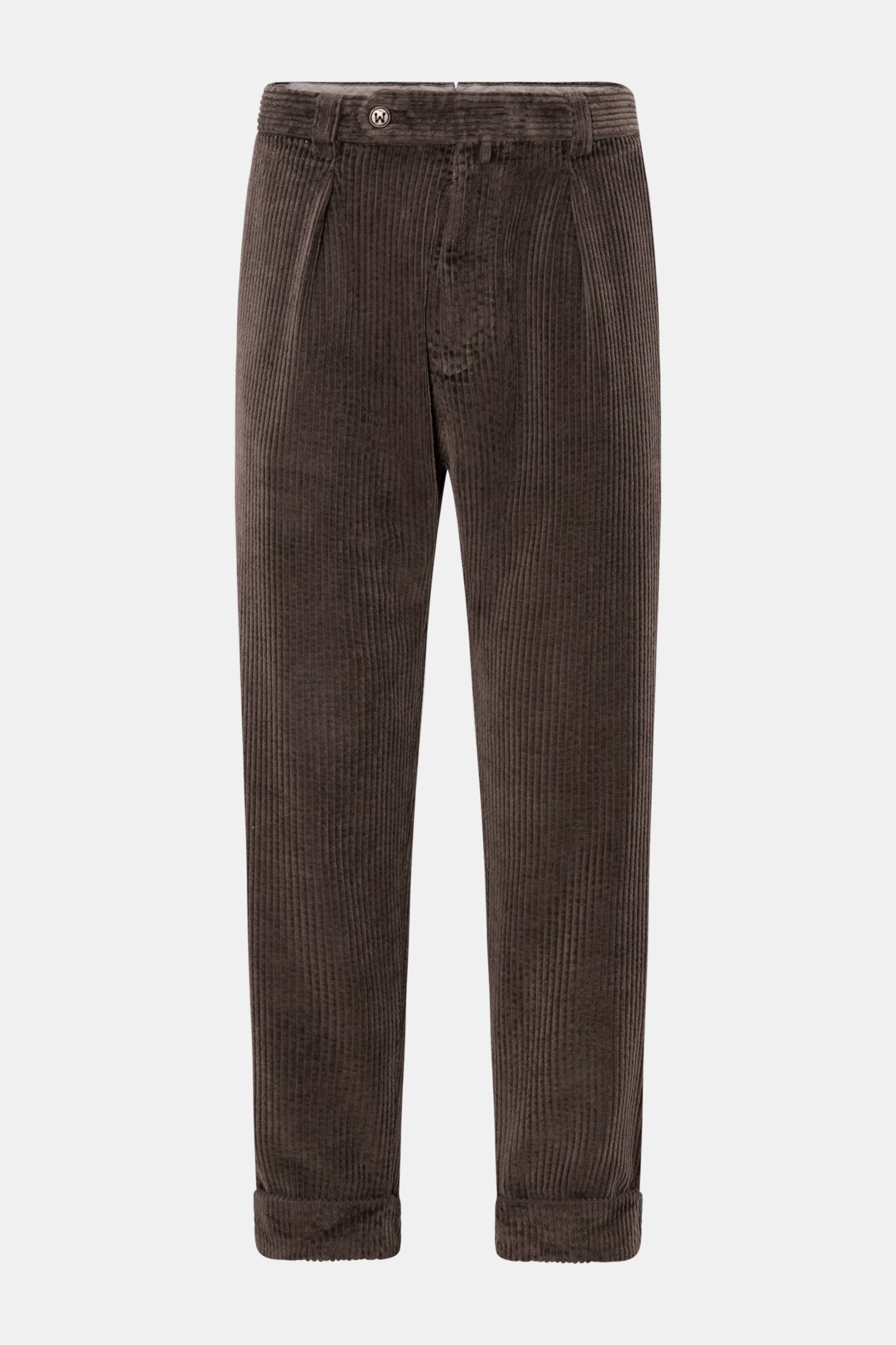 Front view of Berwich Cordhose 'Chiaia' dunkelbraun in dark brown wide cotton corduroy, tapered fit, regular thigh width, ankle length, soft touch, with zipper, buttoned waistband, side seam and back welt pockets, simple front pleat, small woven label, an