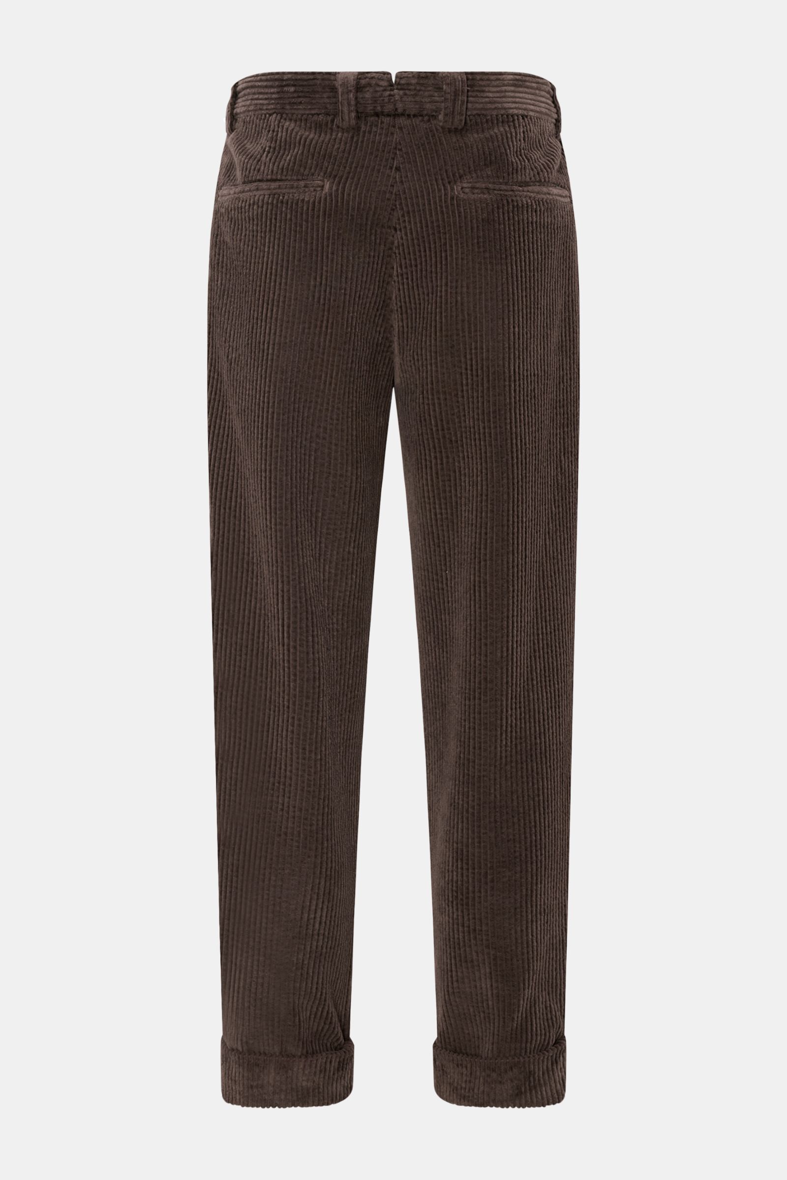 Berwich Cordhose 'Chiaia' dunkelbraun shown from the back, made of wide pure cotton corduroy, tapered fit, regular thigh width, ankle length, soft feel, side and welt back pockets, buttoned waistband with zipper and fixed cuff.