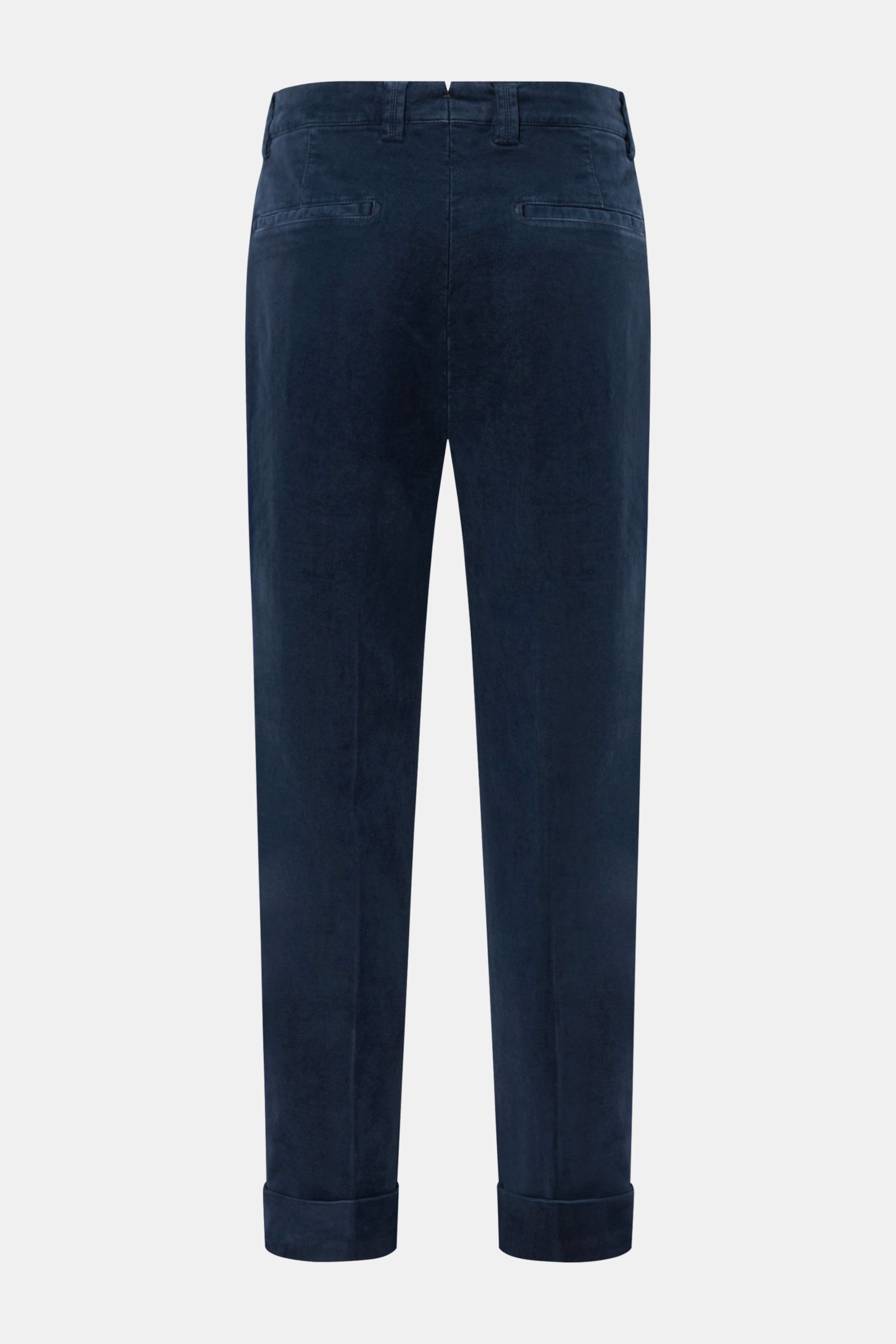 Berwich Baumwollhose 'Chiaia' navy, knöchellang, tapered Fit, softer Baumwoll-Flanell, leicht elastisch, mit Bundknöpfen, Reißverschluss, Taschen, schmal zulaufend, Rückansicht.