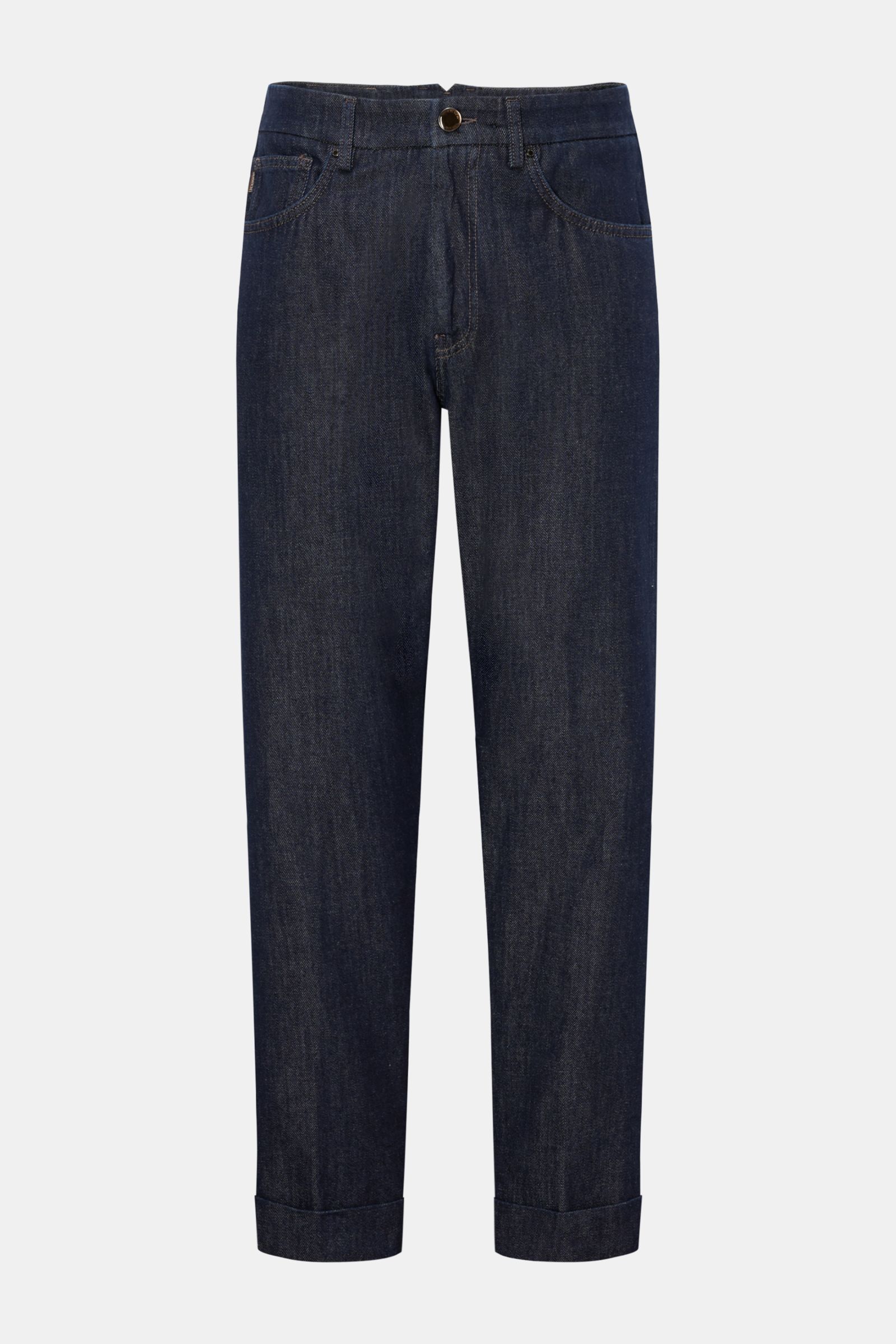 Berwich Jeans 'Chiaia 5t-GD' navy, frontale Ansicht, Tapered Fit, reine Baumwolle, Five-Pocket-Stil, Zip Fly, knöchellang, fixierter Saumaufschlag, Leather-Patch.