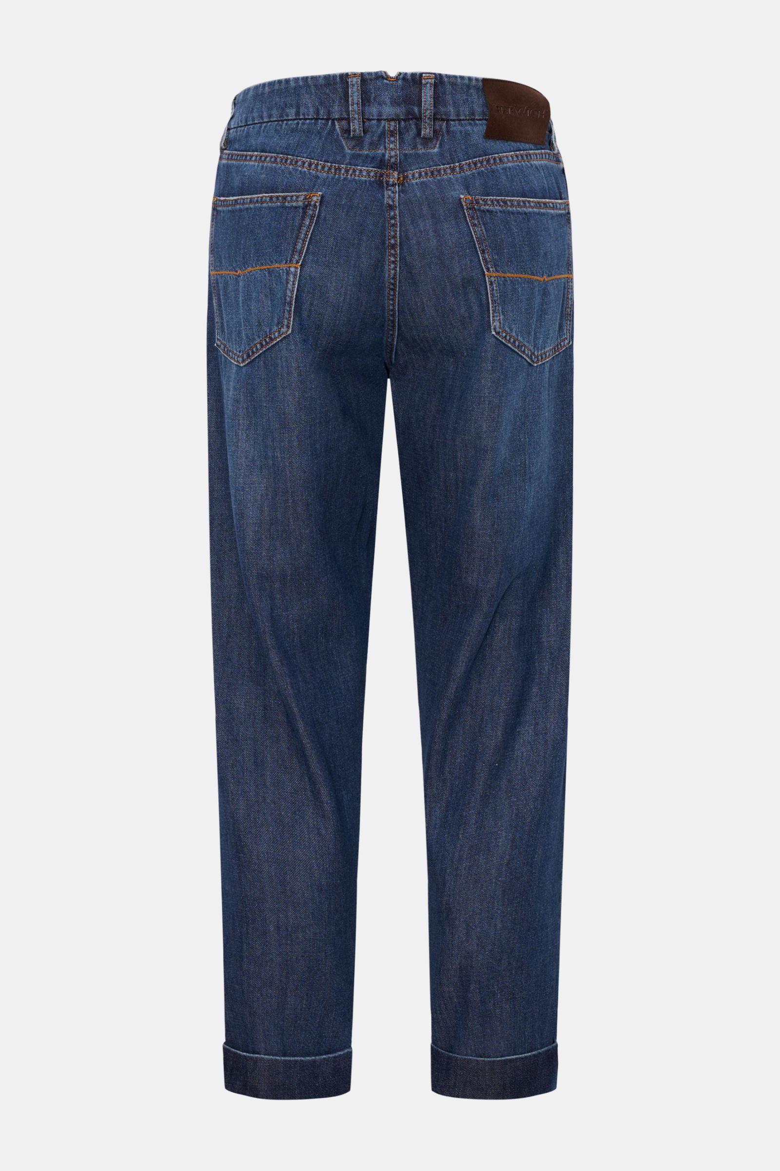 Berwich Jeans 'Chiaia 5t-GD' dunkelblau von hinten, knöchellang, Tapered Fit, reine Baumwolle, Five-Pocket, Leather-Patch, Saumaufschlag.