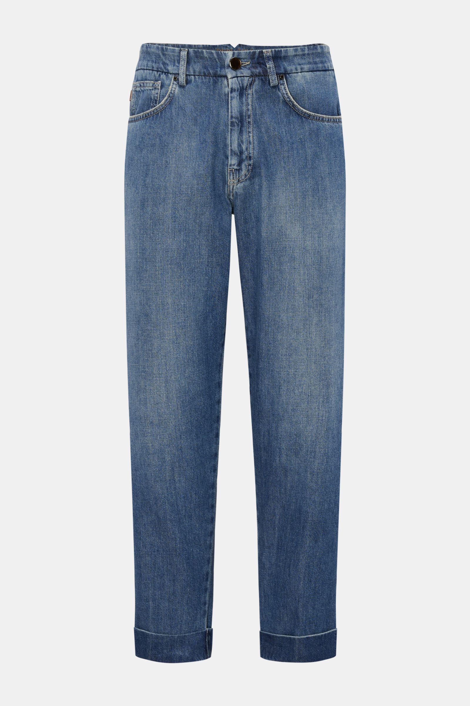 Berwich Jeans 'Chiaia 5t-GD' blau, frontale Ansicht, Tapered Fit, reine Baumwolle, Five-Pocket-Stil, Zip Fly, fixierter Saumaufschlag, Leather-Patch.