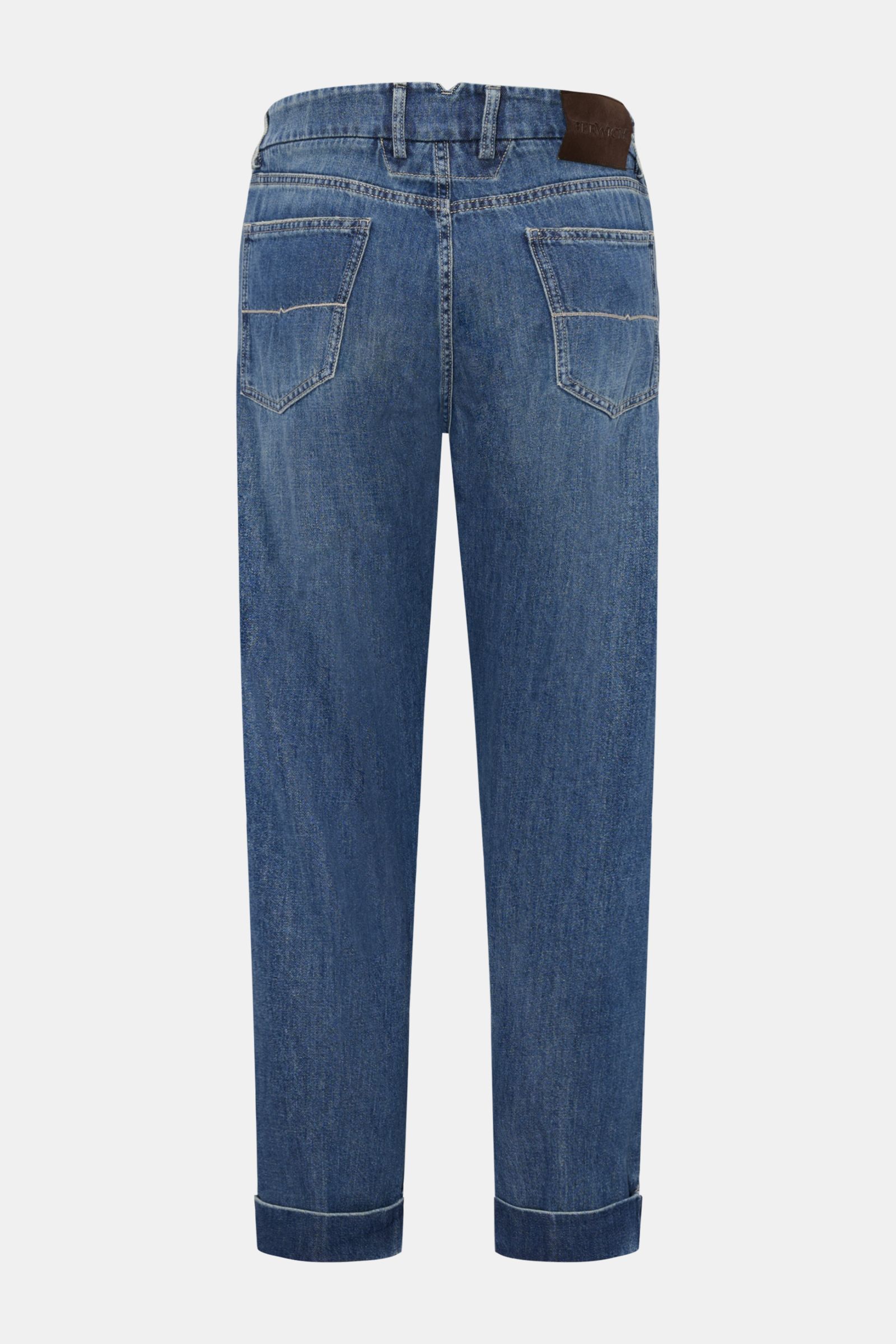 Berwich Jeans 'Chiaia 5t-GD' blau, Rückansicht, aus reiner Baumwolle, weicher Griff, Tapered Fit, Five-Pocket-Stil, knöchellang mit fixiertem Saum.