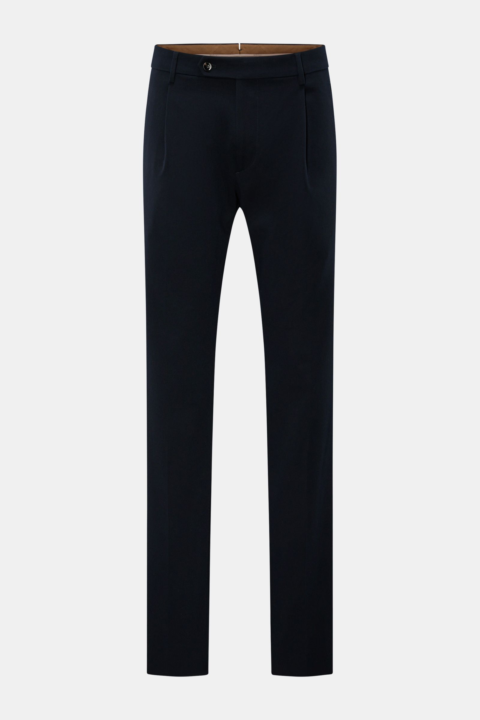 Front view of Berwich Baumwollhose 'Retro Long' navy cotton twill slim fit pants with fine pleat, zipper, button closure, and French pockets.