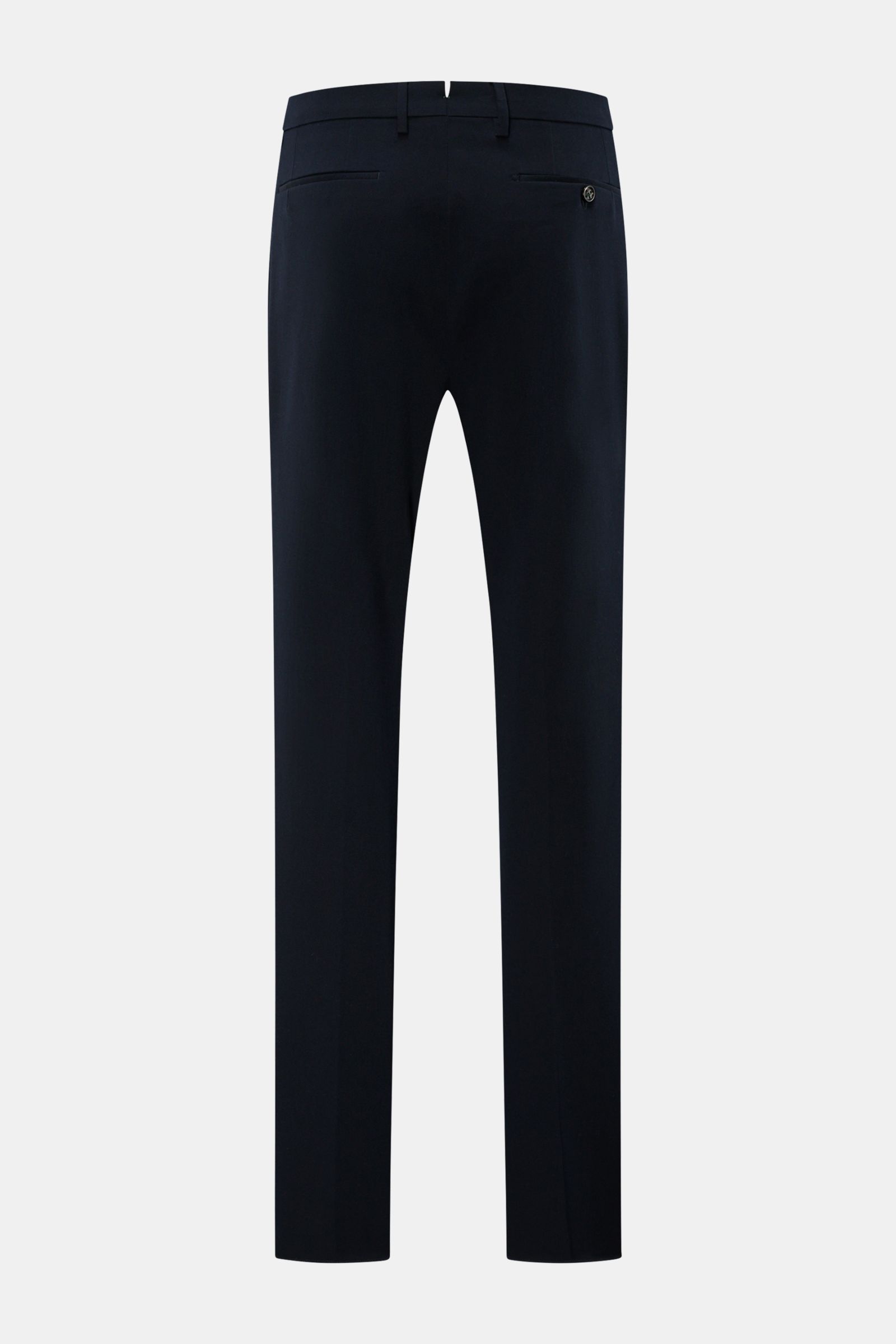 Rear view of Berwich Baumwollhose 'Retro Long' navy slim fit cotton twill trousers with welt back pockets and button, made in Italy.