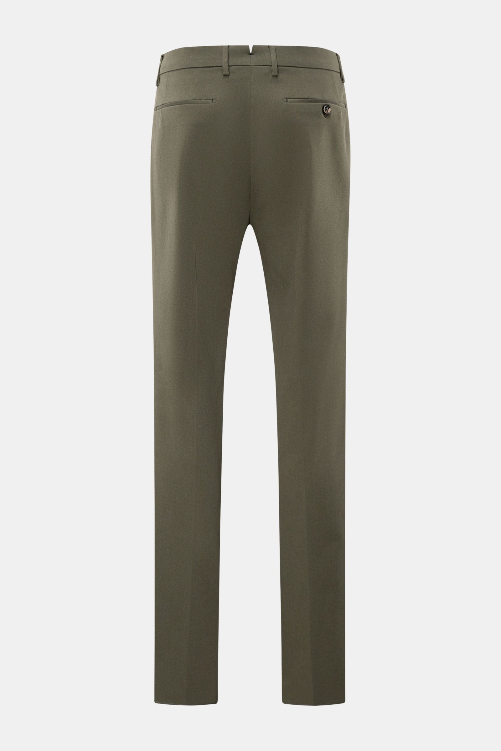 Berwich Baumwollhose 'Retro Long' dunkelgrün, Slim Fit, schmal zulaufend, mit Bundfalte, Reißverschluss, Knöpfen, paspelierte Taschen, Rückansicht.