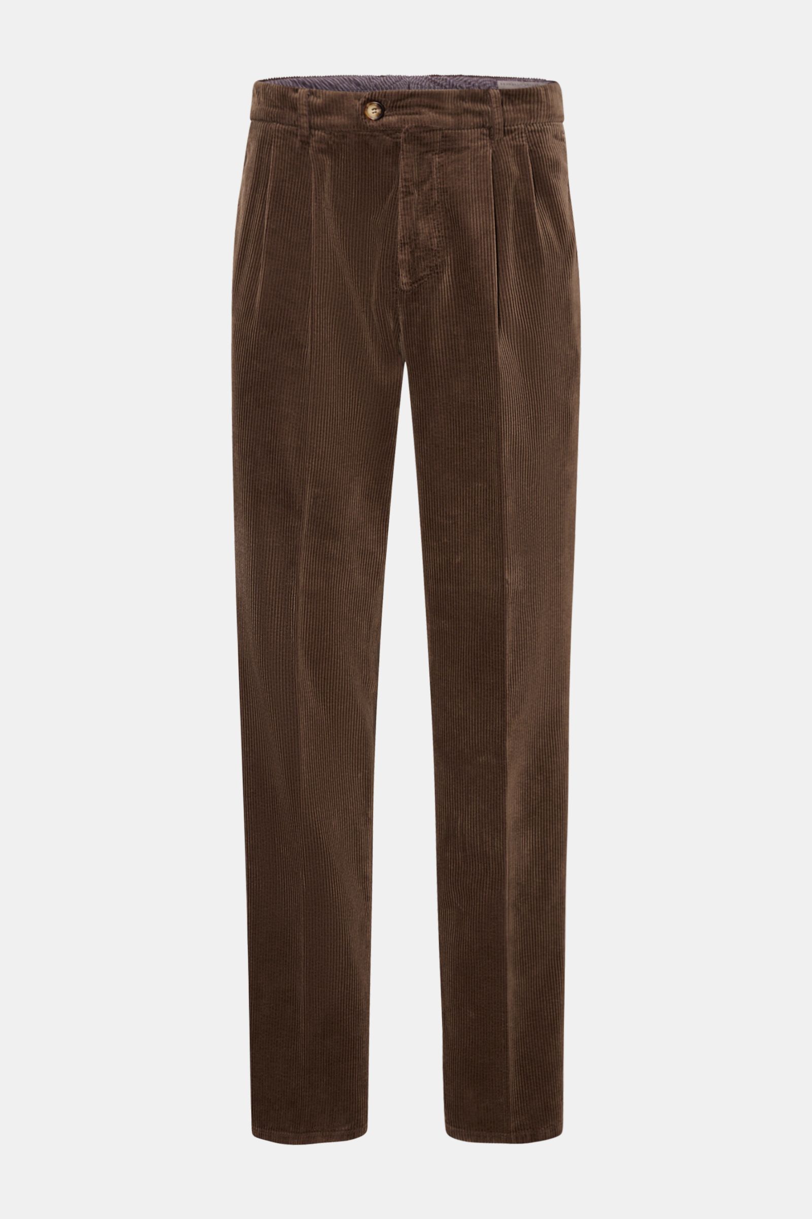 Front view of Brunello Cucinelli Corduroy trousers brown, made of cotton corduroy with a soft feel, regular fit, slightly tapered cut, zip and waist button, double pleat, French pockets, and hip pockets on the seat.