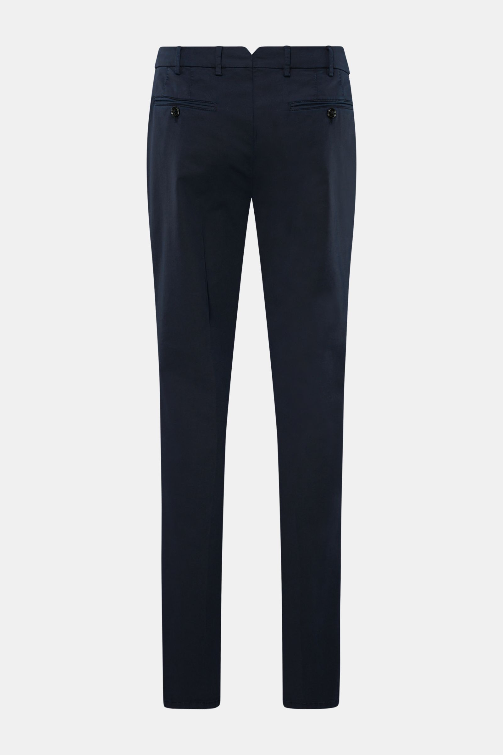 Brunello Cucinelli Chino 'Italian Fit' navy, Rückansicht, Baumwoll-Twill, Regular Fit, schmal zulaufend, Taschen mit Knopf, Uhrentasche, Reißverschluss, Bundknöpfe.
