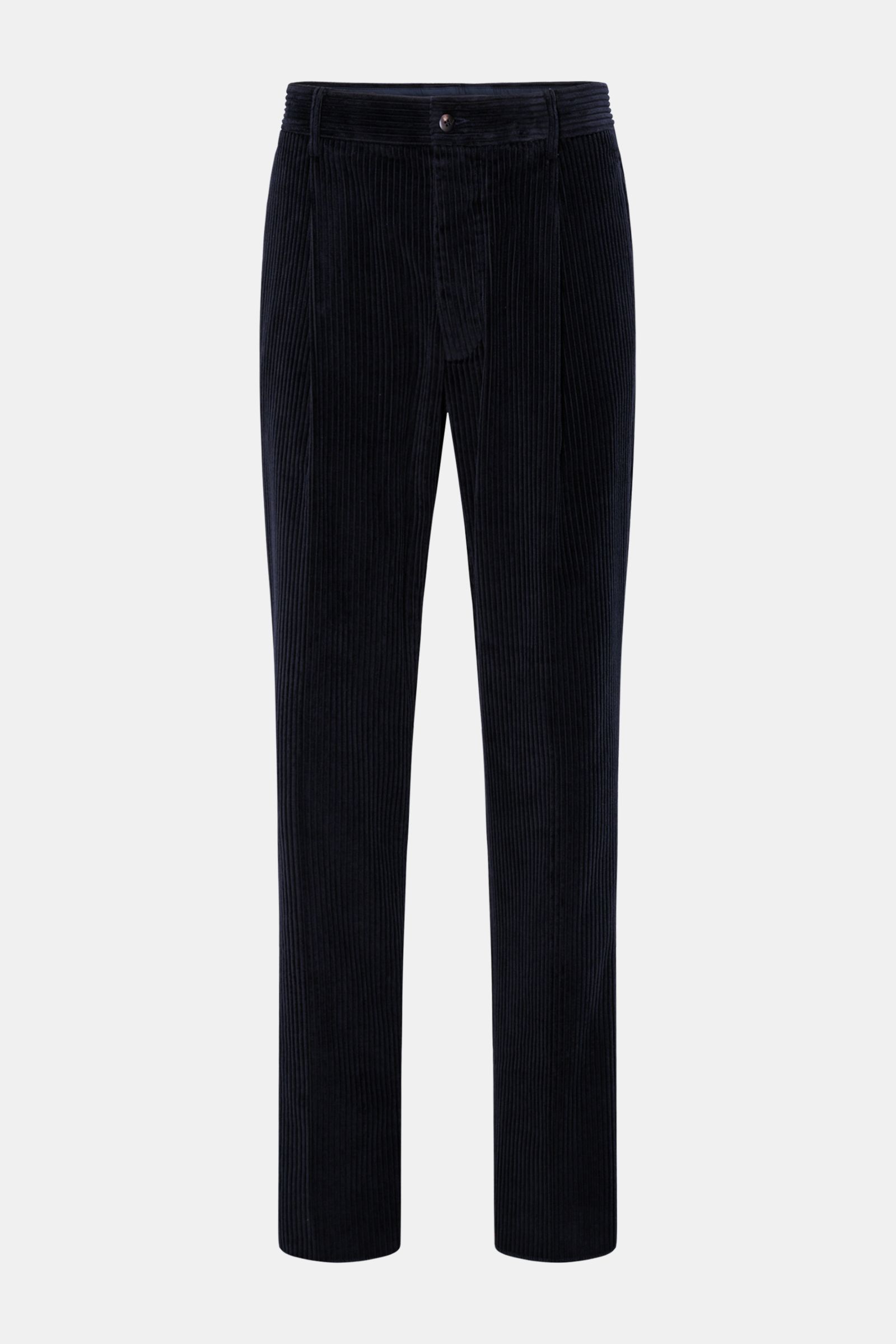 Doppiaa Cordhose 'Aantioco' navy aus softem Breitcord, Regular Fit, gerader Schnitt, Button Fly, schräge Taschen, Leistentaschen, offene Länge, frontal fotografiert.