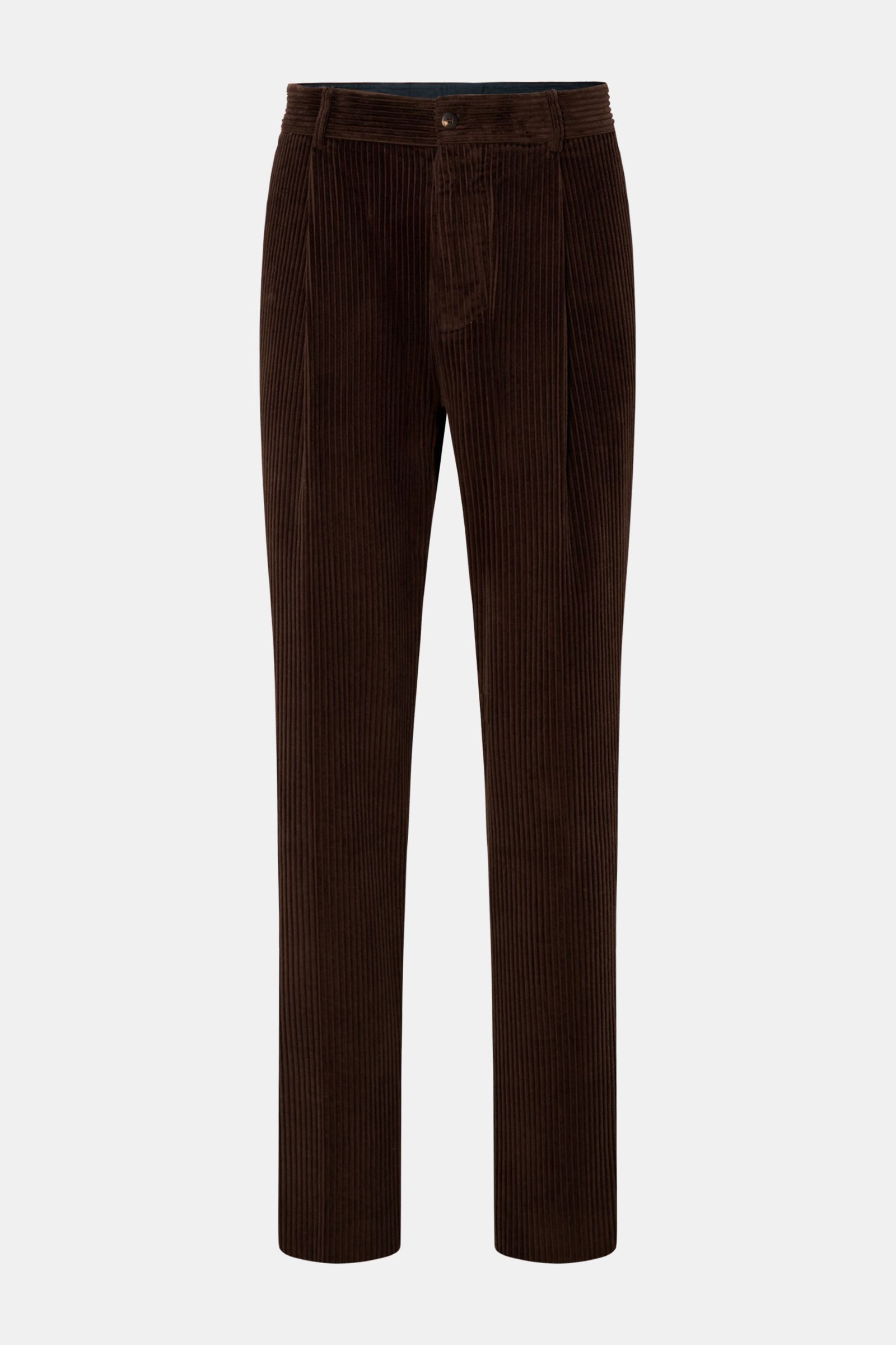 Doppiaa Cordhose 'Aantioco' dunkelbraun aus softem Breitcord, Regular Fit mit geradem Schnitt, Button Fly, Taschen, frontal fotografiert.