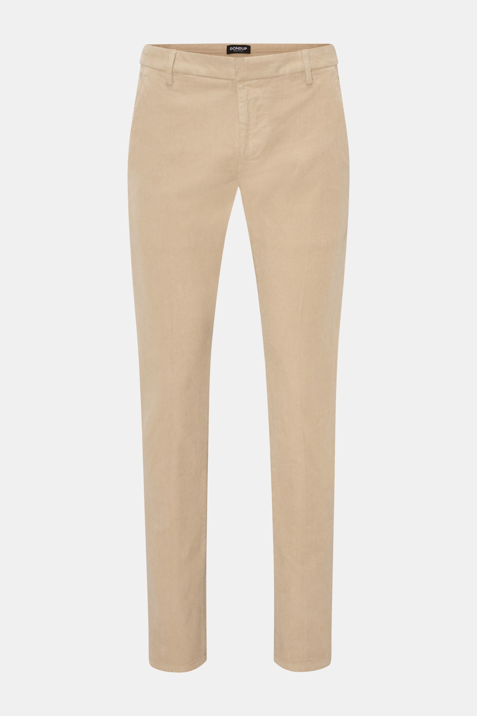 Dondup Cordhose 'Gaubert' beige aus feinem Baumwoll-Feincord mit Stretch, Slim Fit, schmal zulaufend, Reißverschluss, Taschen, frontal fotografiert.