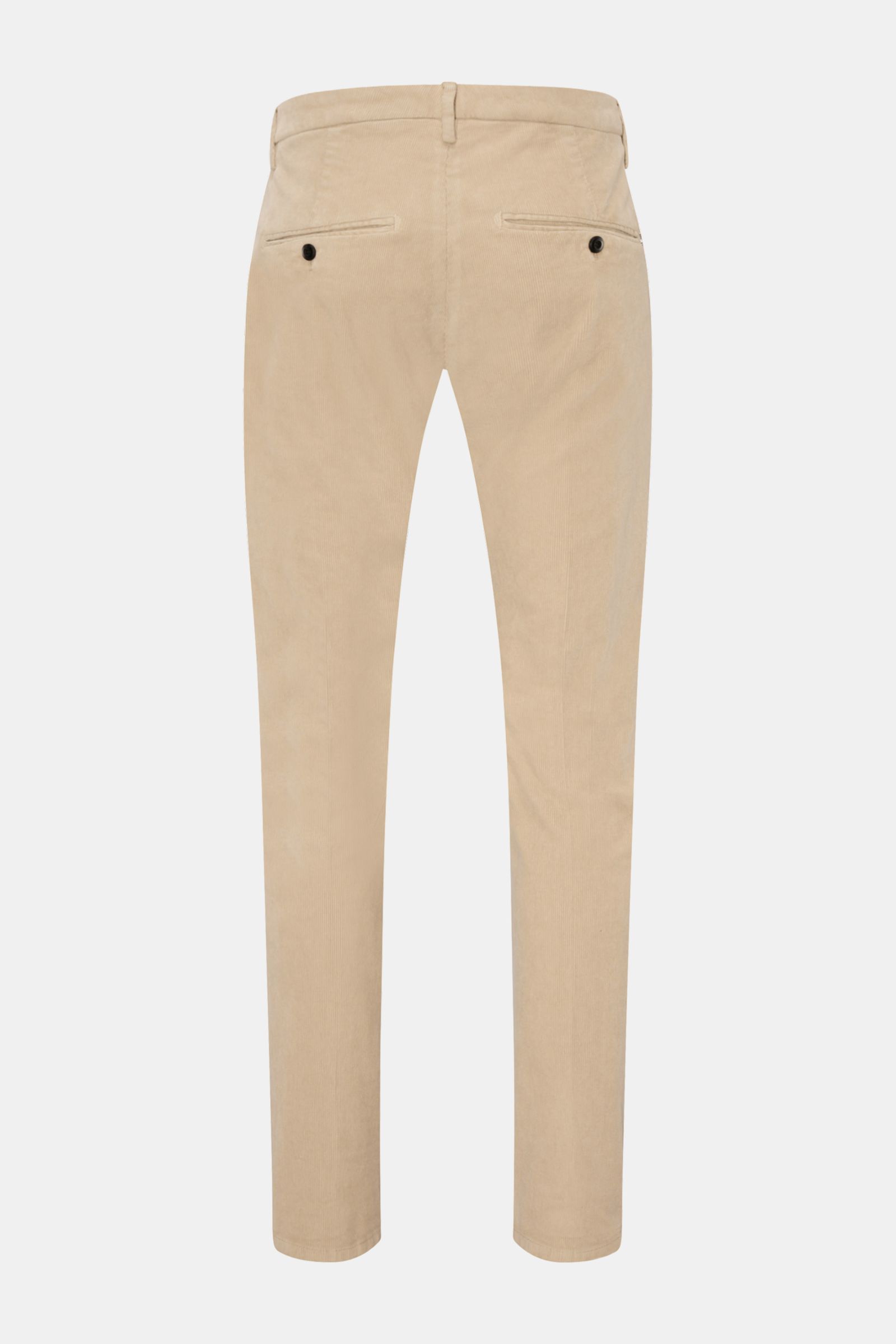 Dondup Cordhose 'Gaubert' beige aus feinem Baumwoll-Cord mit leichtem Stretch, schmal zulaufend, Rückansicht mit Taschen und Metallinitial.