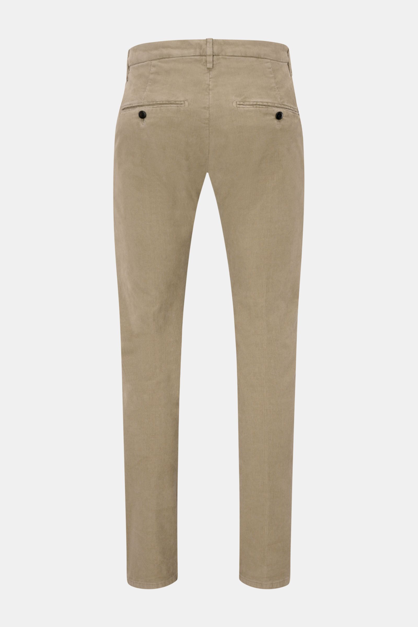 Dondup Cordhose 'Gaubert' taupe, feiner Baumwoll-Feincord mit Stretch, Slim Fit, schmal zulaufend, Rückansicht mit Knopf-Gesäßtaschen.