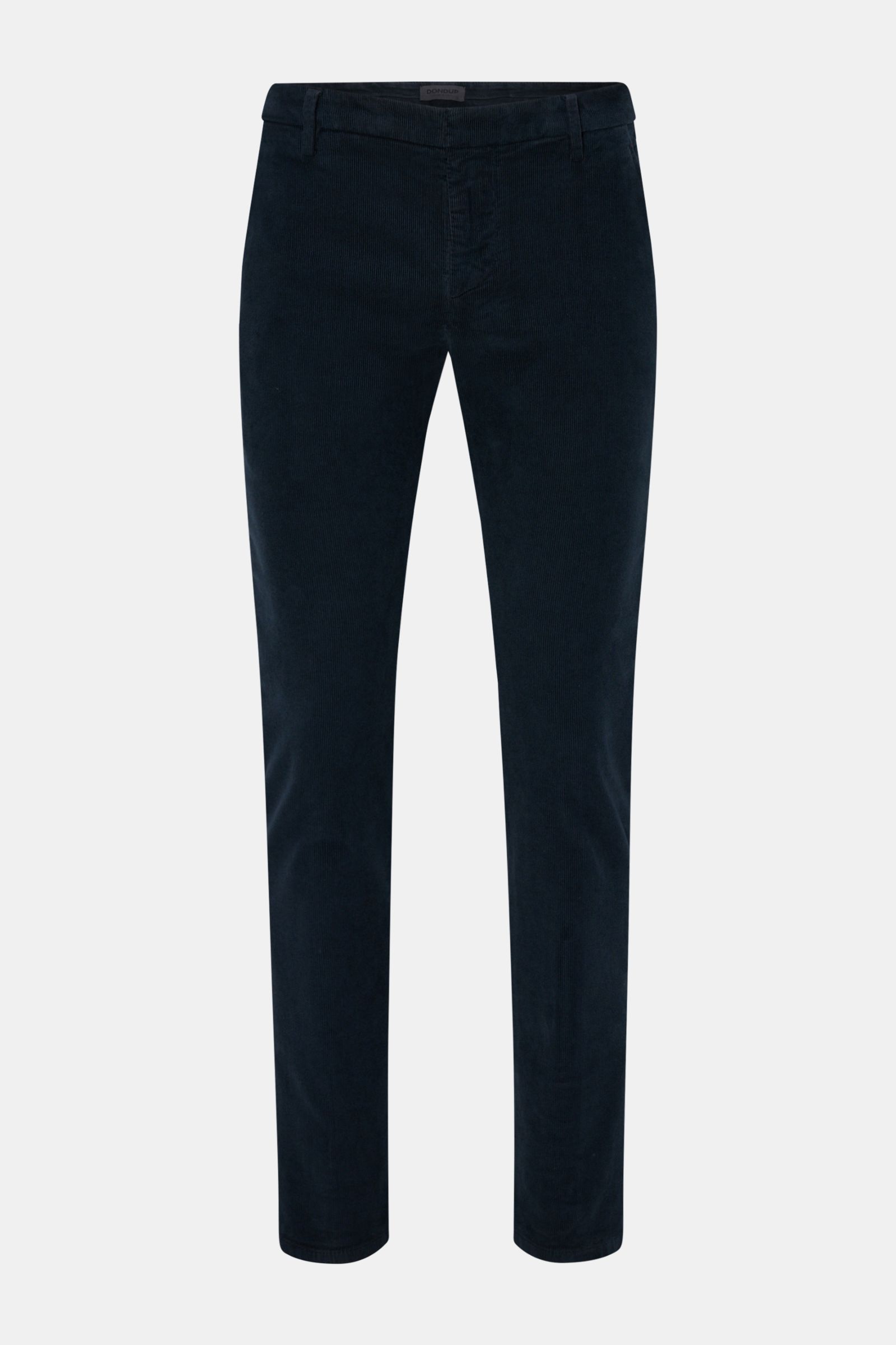 Dondup Cordhose 'Gaubert' navy, Feincord-Baumwolle mit Stretch, Slim Fit, schmal zulaufend, Reißverschluss, Taschen, Metallinitial, Frontalansicht.