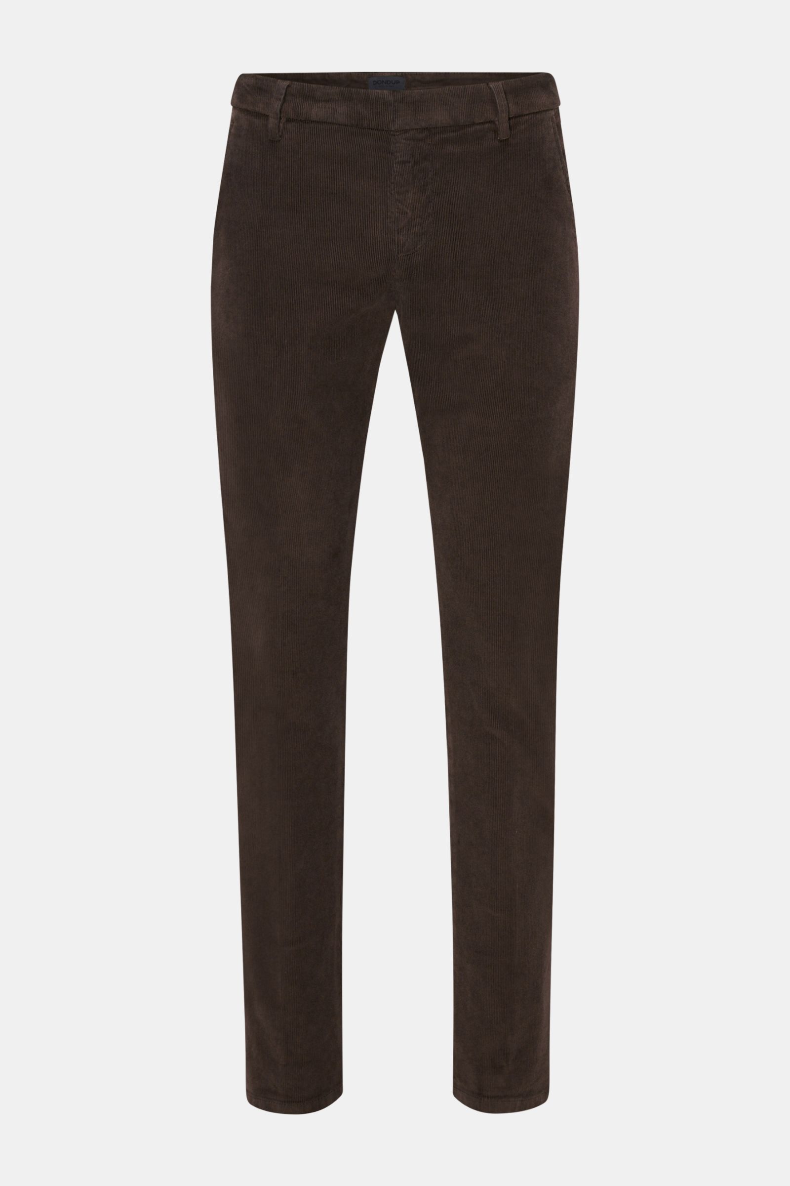 Dondup Cordhose 'Gaubert' braun aus feinem Baumwollcord mit leichtem Stretch, Slim Fit, schmal zulaufend, Reißverschluss, Taschen, frontal fotografiert.