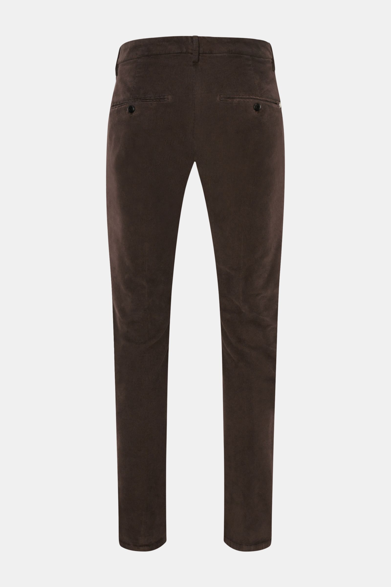 Dondup Cordhose 'Gaubert' braun aus feinem Baumwoll-Feincord mit leichtem Stretch, slim Fit, schmal zulaufend, Rückansicht mit Knopf-Gesäßtaschen.