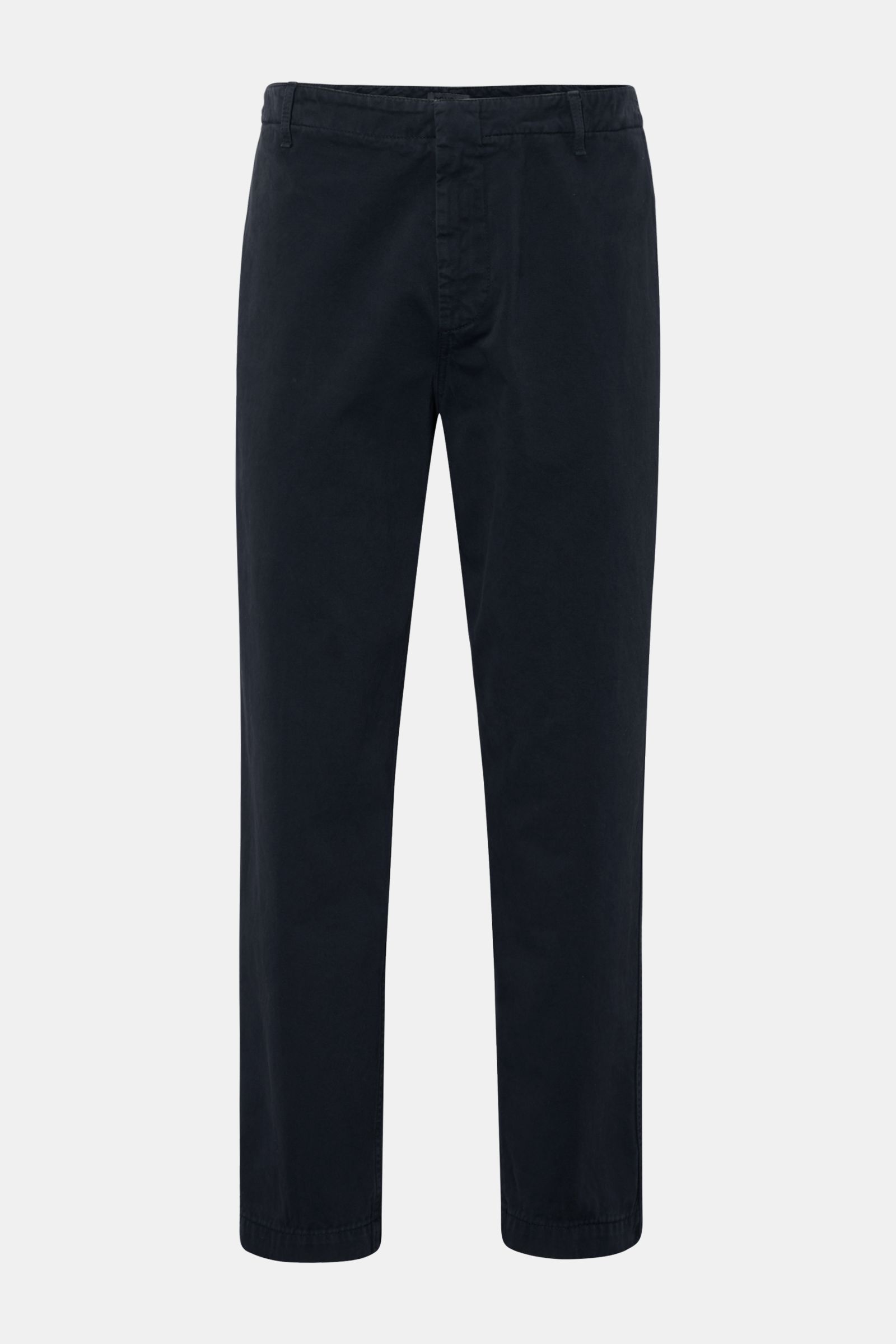 Front view of Dondup Cotton trousers dark navy in pure cotton with tapered fit, ankle length, French and jetted back pockets, zip and waist button. A timeless companion for any occasion: These cotton trousers by DONDUP combine comfort with stylish eleganc
