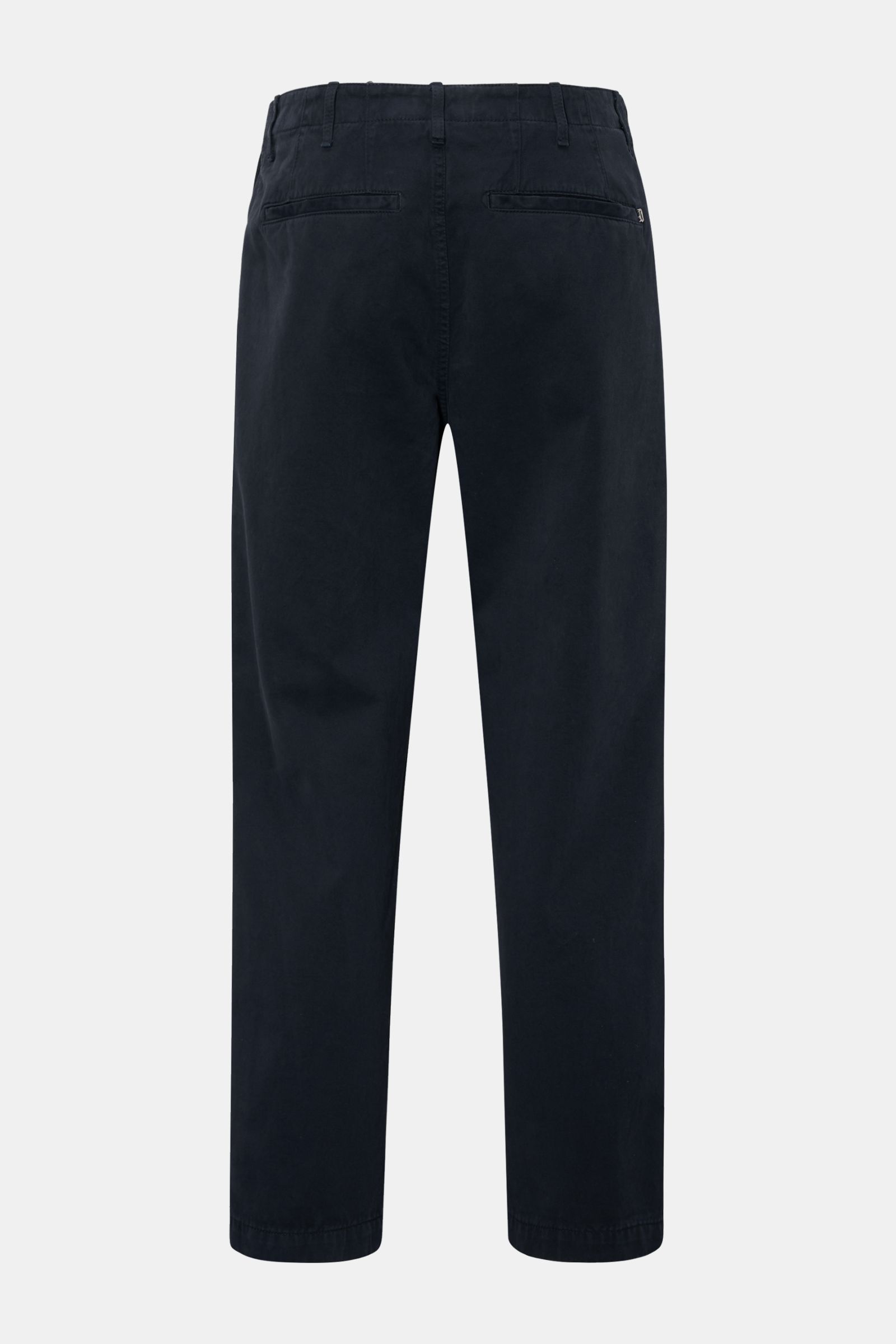 Rear view of Dondup Cotton trousers dark navy, ankle-length with tapered fit, French and jetted back pockets, soft pure cotton fabric.
