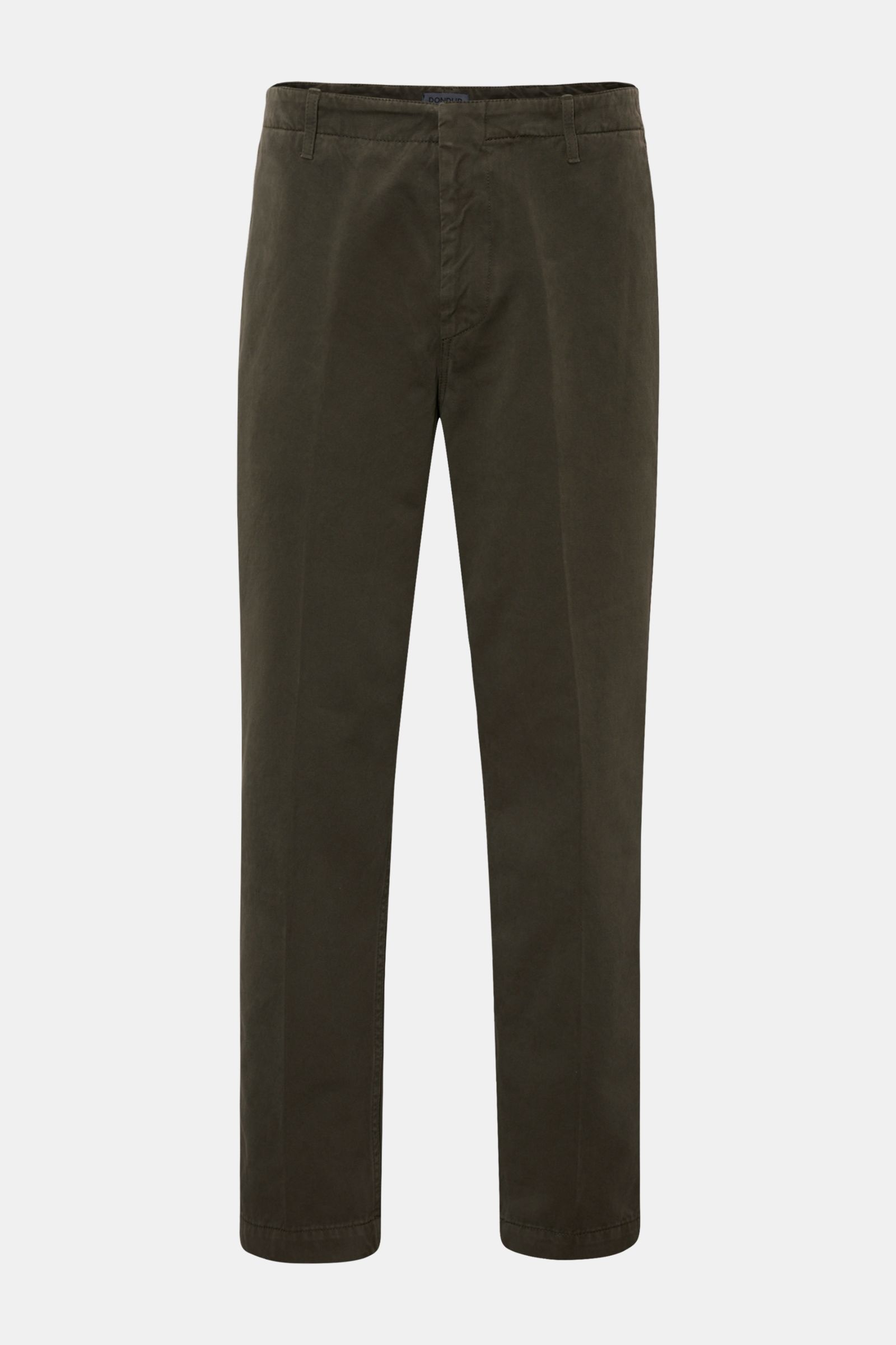 Front view of Dondup Cotton trousers dark green in pure cotton with tapered fit, ankle length, zip and waist button, French and jetted back pockets, and signature metal initial. A timeless companion for any occasion: These cotton trousers by DONDUP combin