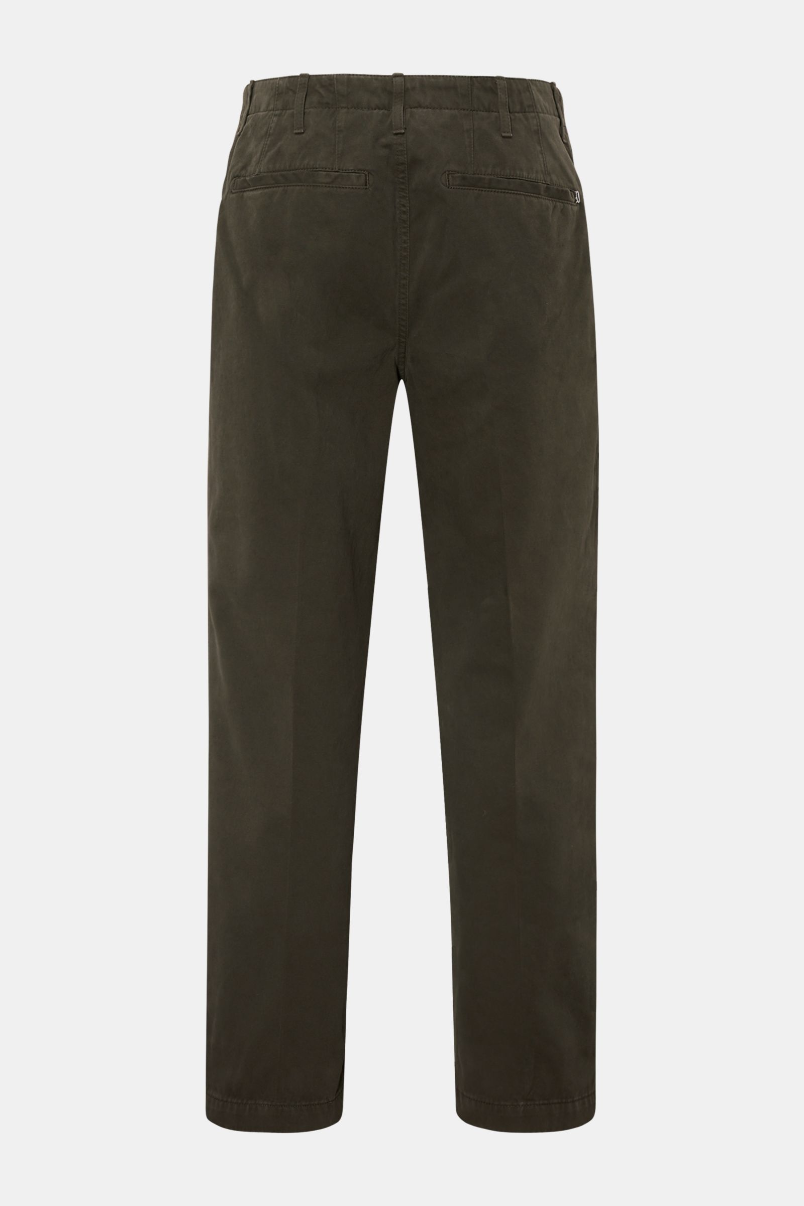 Back view of Dondup Cotton trousers dark green in pure cotton with tapered fit, ankle length, French and jetted back pockets, zip and waist button, and signature metal initial, photographed against a neutral background.