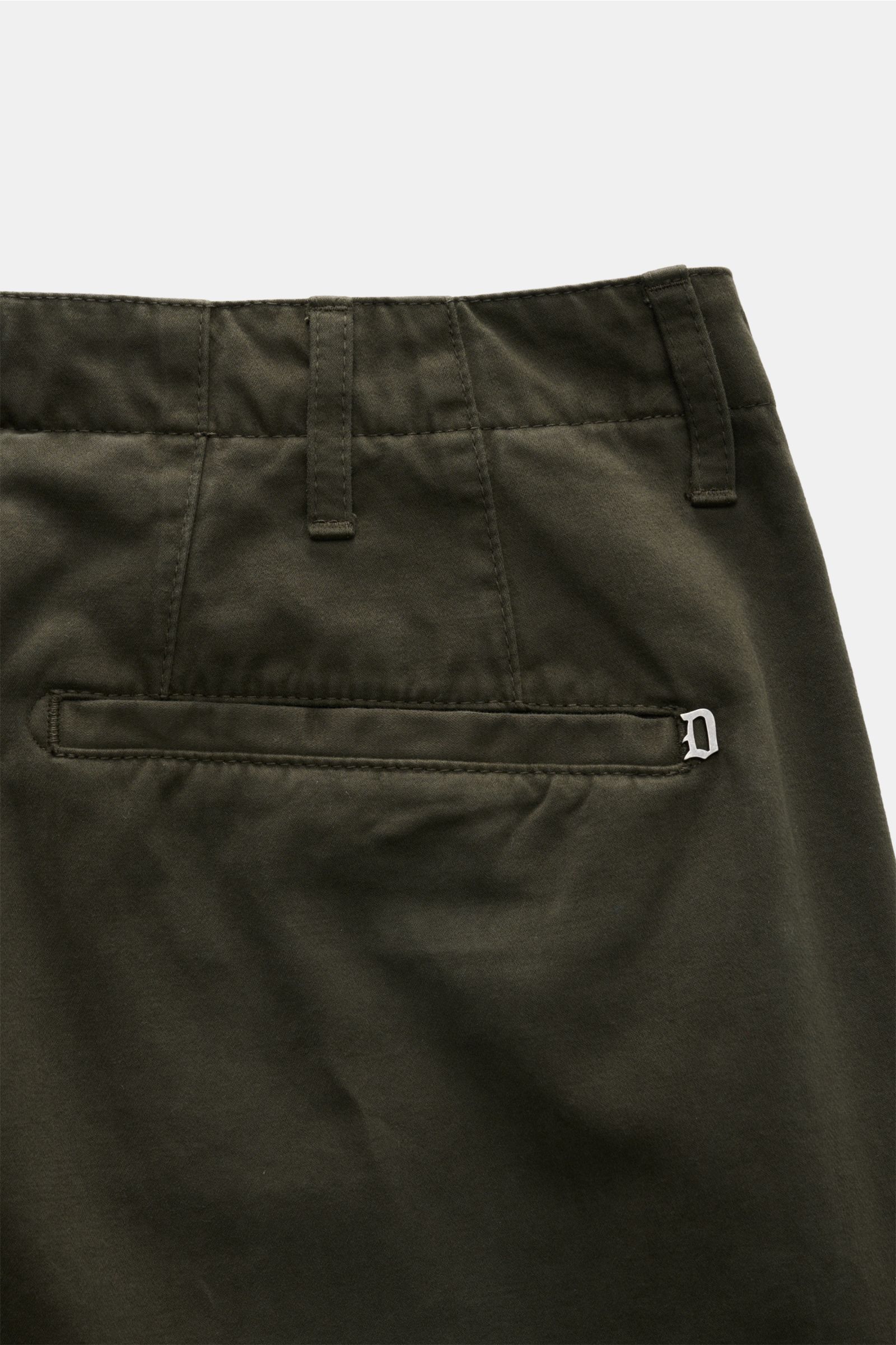 Close-up rear view of Dondup Cotton trousers dark green showing jetted back pocket with signature metal initial, pure cotton fabric, and belt loops. A timeless companion for any occasion: These cotton trousers by DONDUP combine comfort with stylish elegan