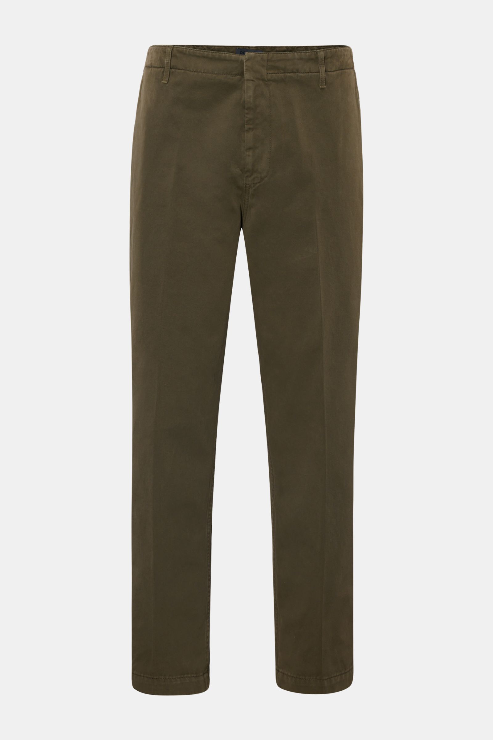 Front view of Dondup Cotton trousers olive in pure cotton, ankle-length with tapered fit, zip and button closure, French and jetted back pockets.