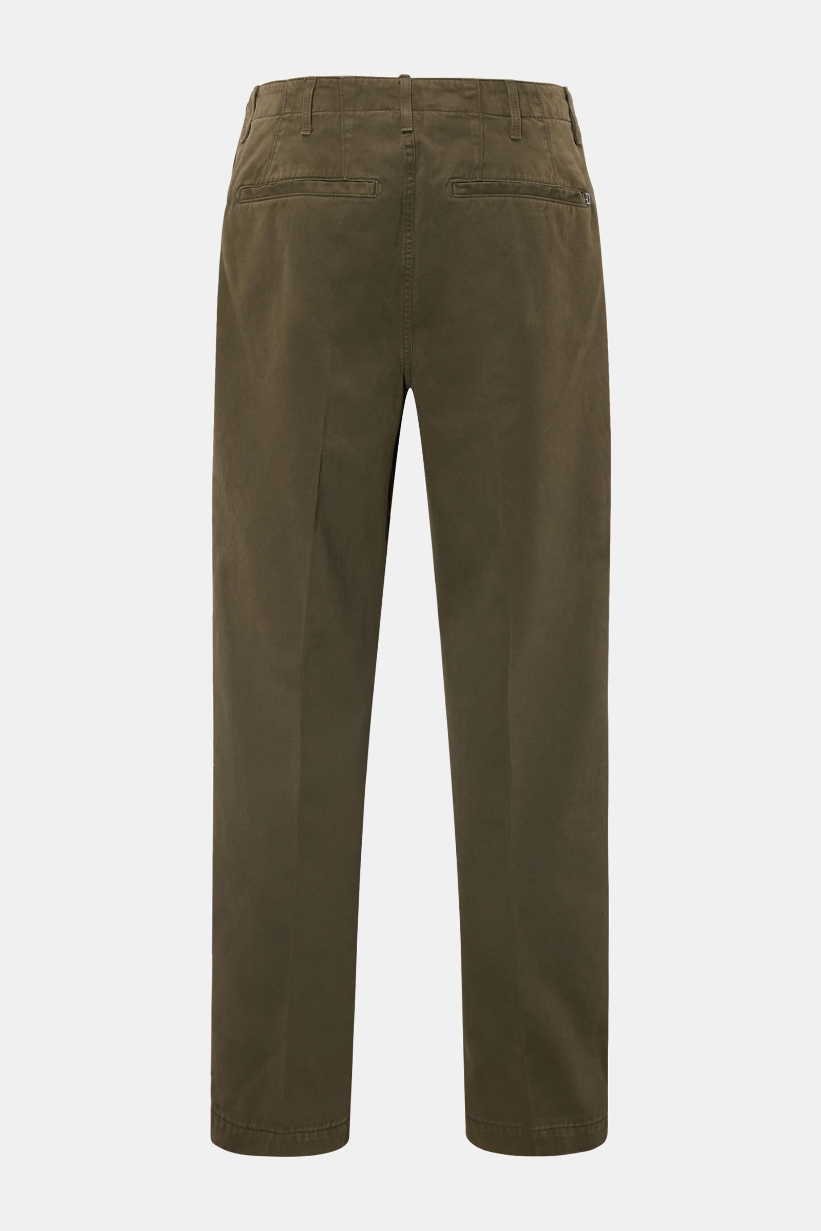 Rear view of Dondup Cotton trousers olive in pure cotton with tapered fit, ankle length, French and jetted back pockets, zip and button closure, and signature metal initial, combining comfort with stylish elegance for office and casual looks.