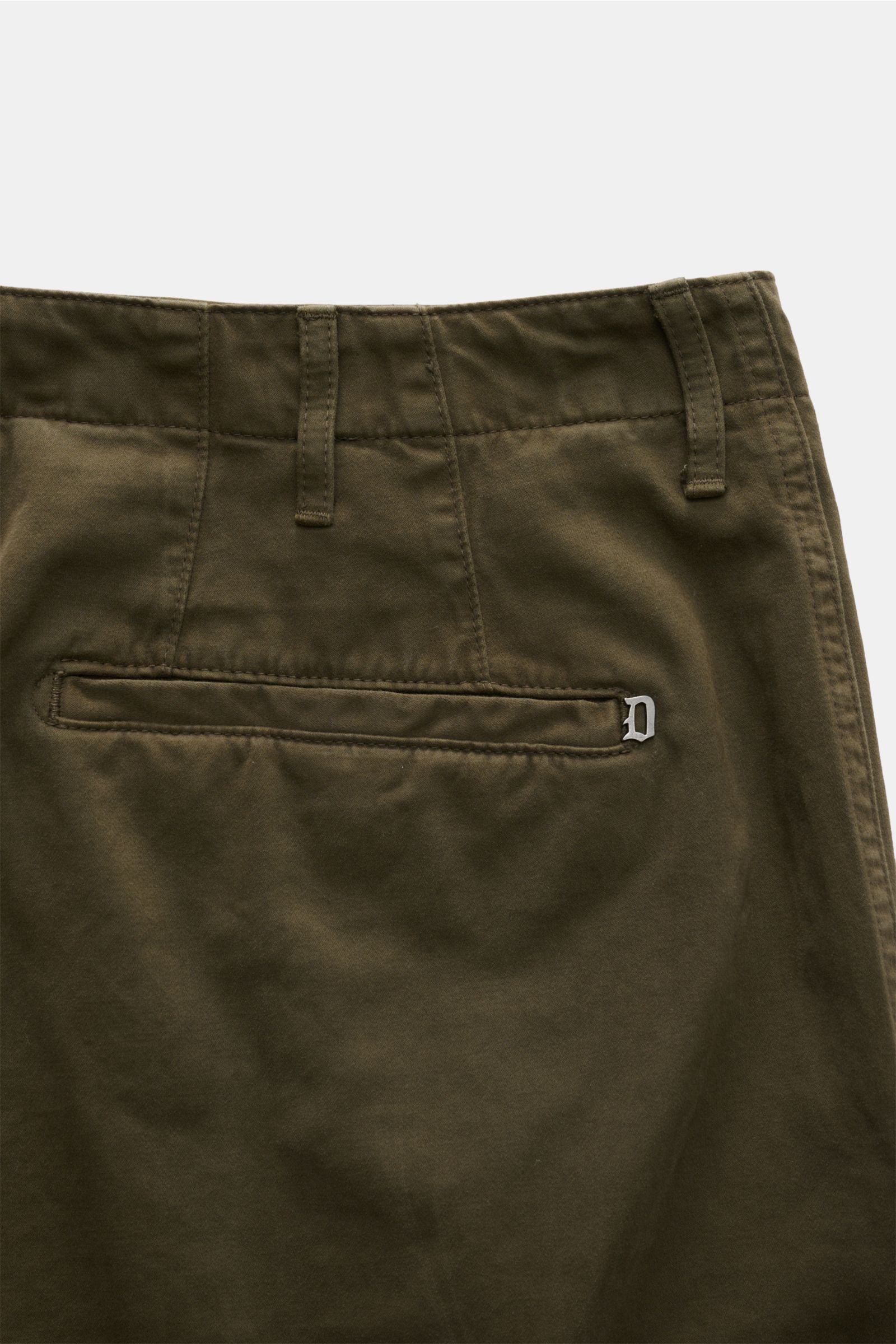 Close-up rear view of Dondup Cotton trousers olive showing jetted back pocket with signature metal initial, belt loops, pure cotton fabric.