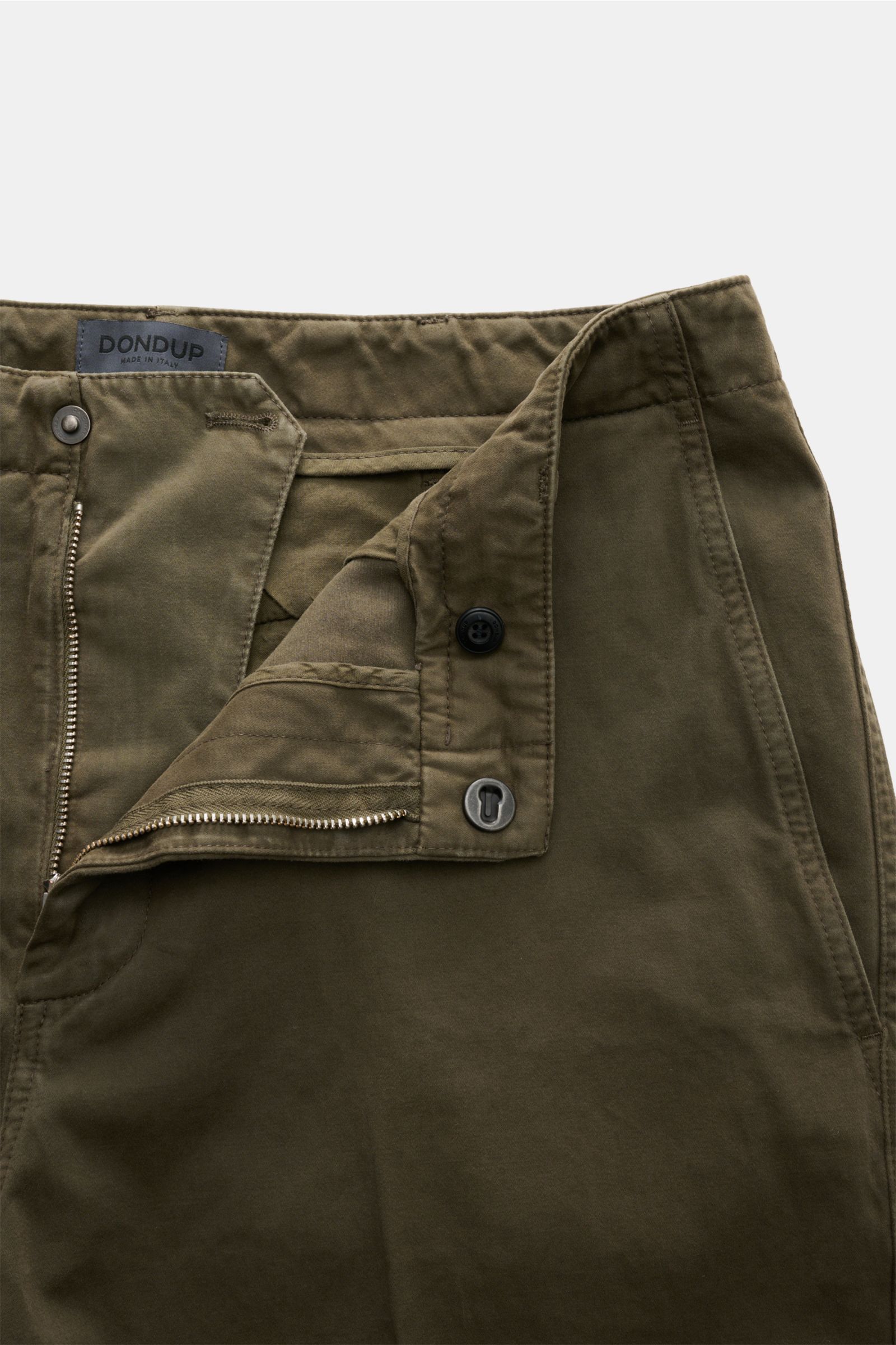 Close-up front view of Dondup Cotton trousers olive, highlighting zip, waist button, French pockets, and soft pure cotton fabric.