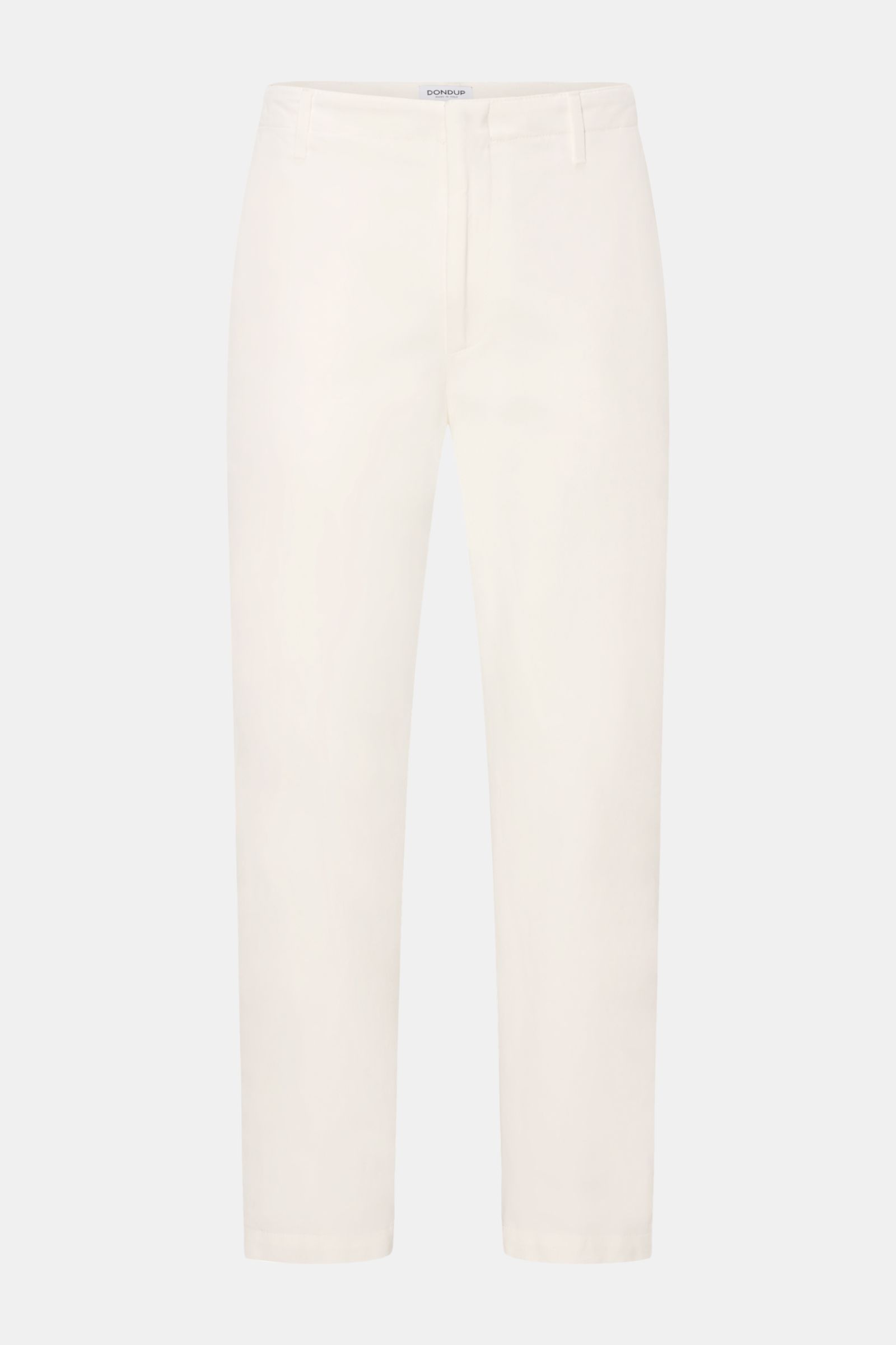 Dondup Baumwollhose 'Zyan' offwhite, frontale Aufnahme, weicher Baumwollvelours, Tapered Fit, kurzer Schnitt, Reißverschluss, französische Taschen.