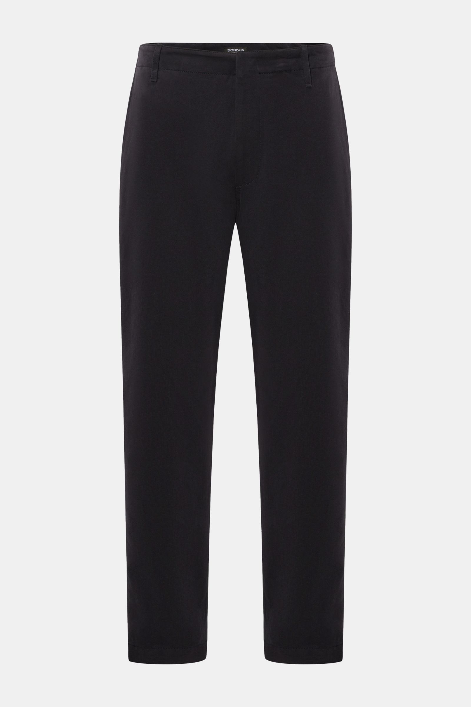 Dondup Baumwollhose 'Zyan' navy, frontale Ansicht, weicher Baumwollvelours, kurzer Schnitt, Tapered Fit, französische Taschen, Metall-Initial.