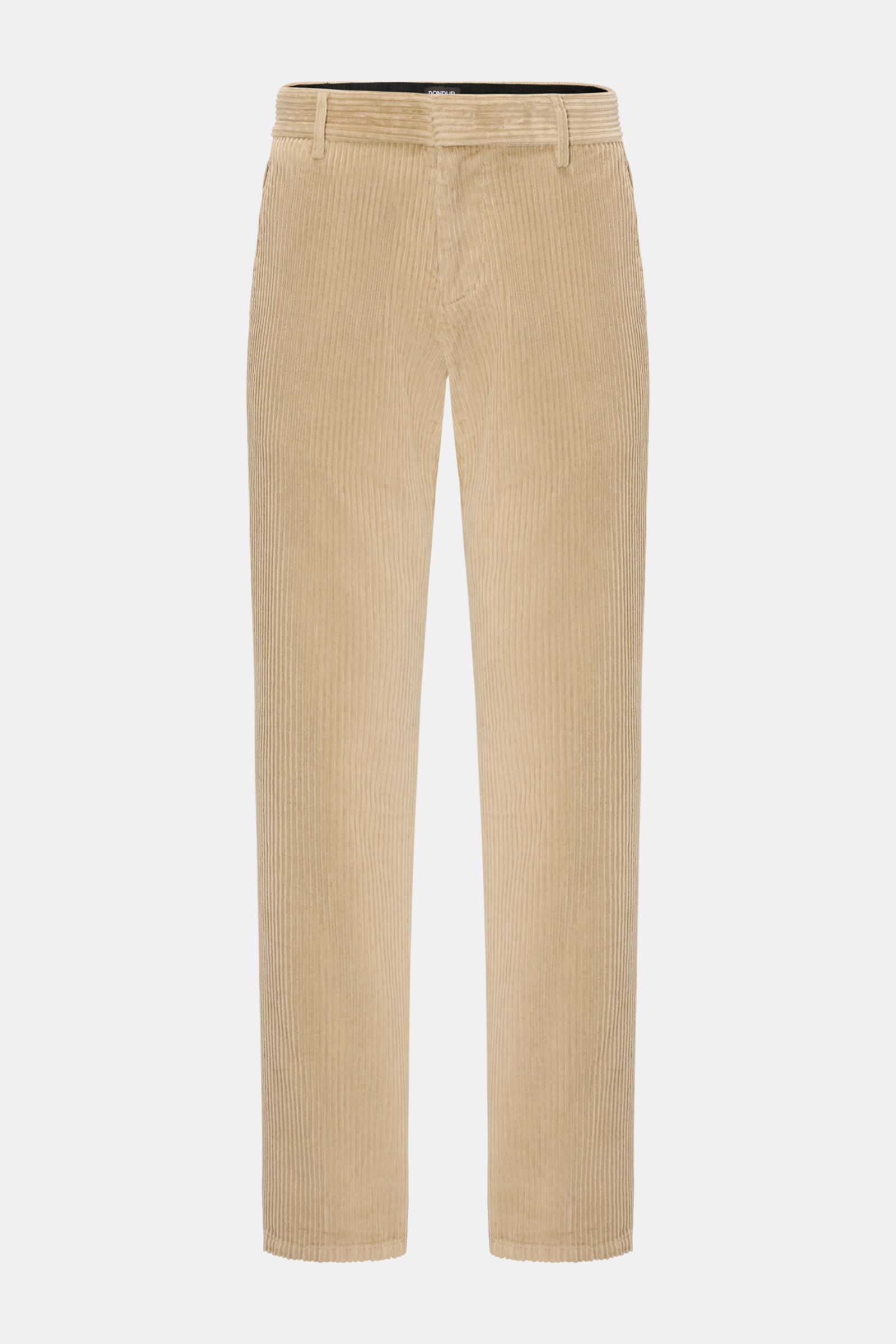 Dondup Cordhose 'Gaubert' beige aus Baumwoll-Breitcord mit leichtem Stretch, weichem Griff, Tapered Fit, französischen Taschen, frontal fotografiert.