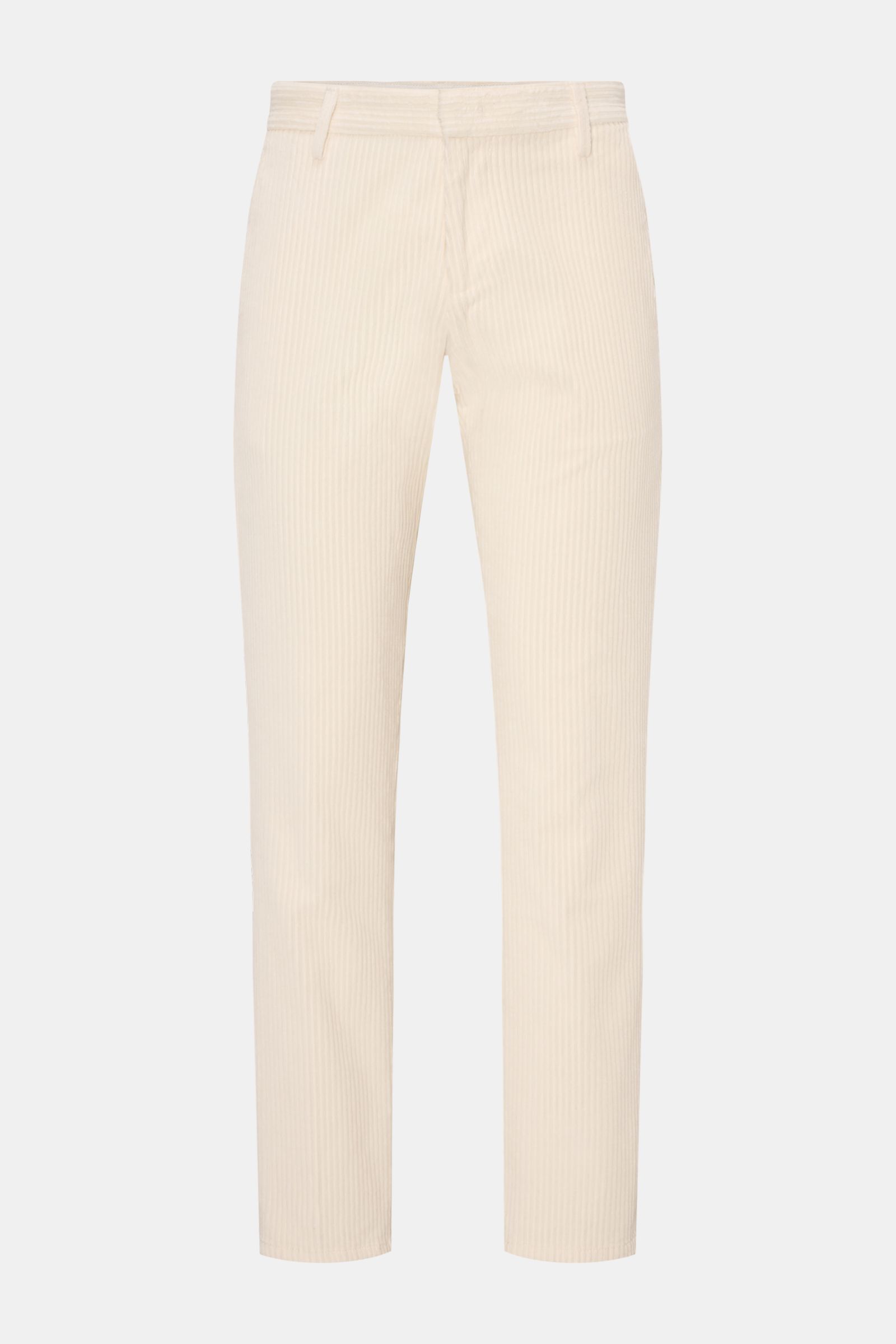Front view of Dondup Cordhose 'Gaubert' dunkelblau slim fit corduroy pants made of fine cotton with slight stretch, zipper, slide button, French pockets, buttoned back pockets, and metal initials for maximum comfort. 

Description: Das beliebte Modell 