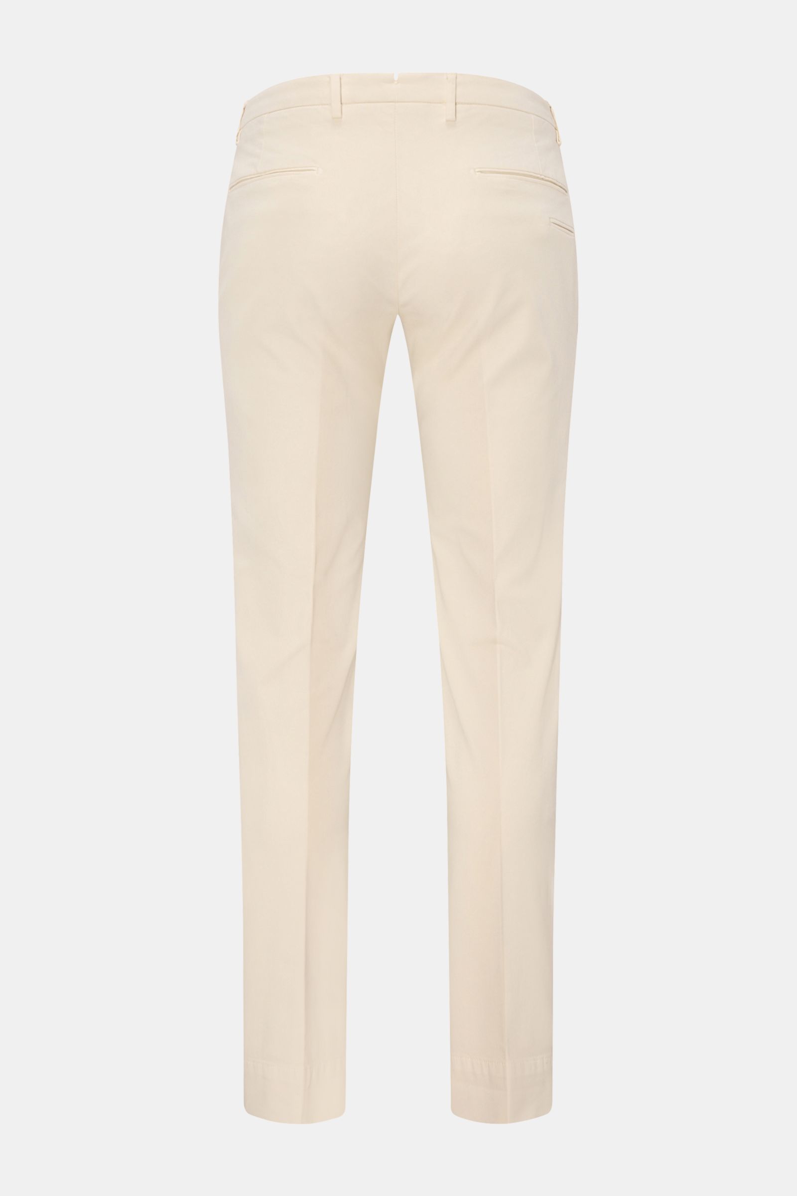 Briglia 1949 Baumwollhose creme, Slim Fit, schmal zulaufend, elastische Baumwolle, weicher Griff, Rückansicht mit drei Gesäßtaschen, Bundknopf, Reißverschluss, französische Taschen.