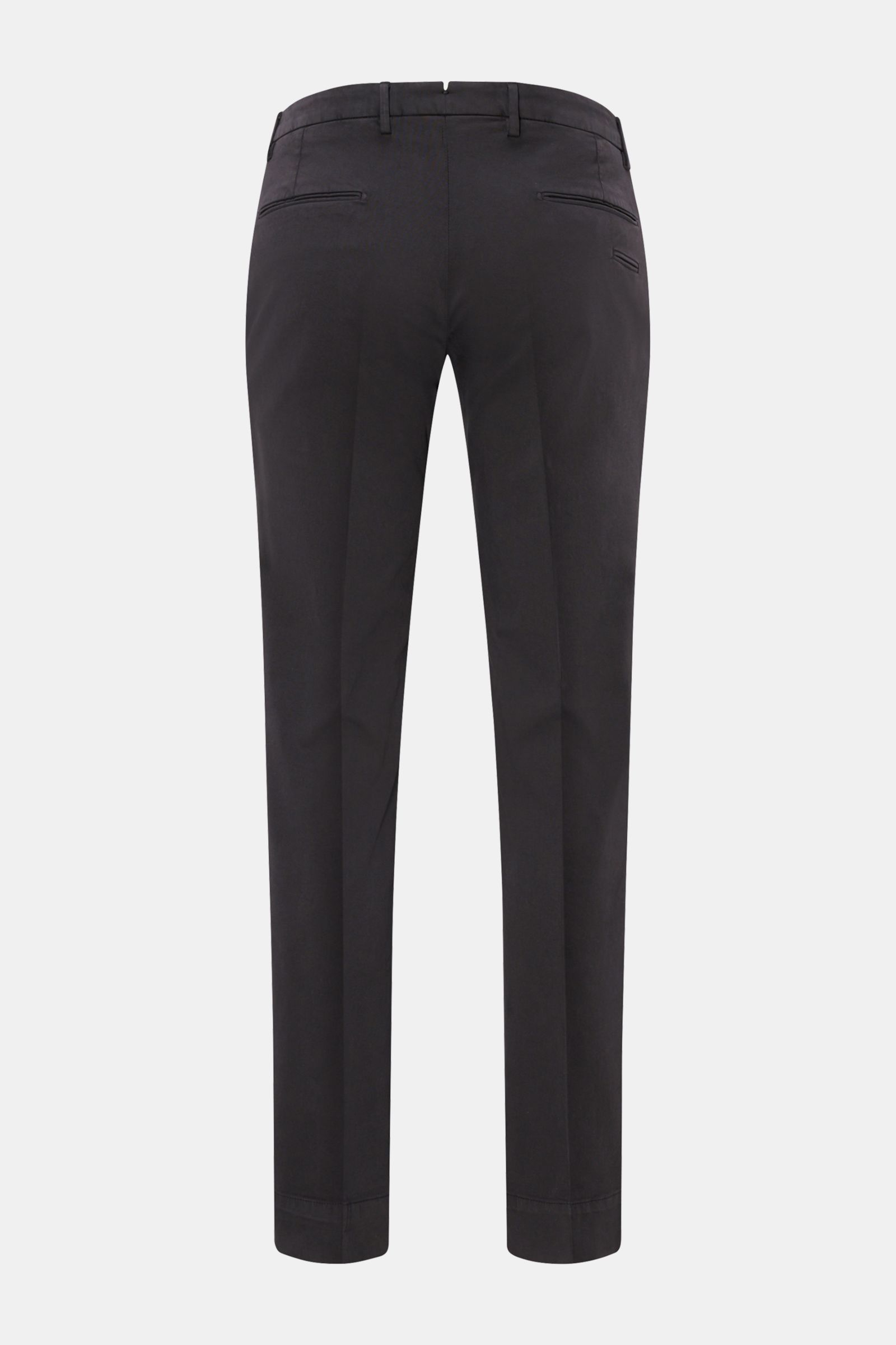 Briglia 1949 Baumwollhose dunkelgrau, schmal zulaufend, Slim Fit, elastische Baumwolle, Rückansicht mit französischen Taschen und drei Gesäßtaschen.