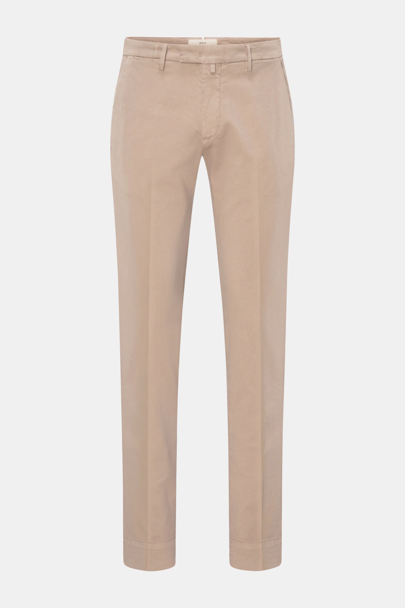 Frontansicht der Briglia 1949 Baumwollhose beige, Slim Fit, schmal zulaufend, elastische Baumwolle mit Reißverschluss, Bundknopf, französischen und drei Gesäßtaschen.