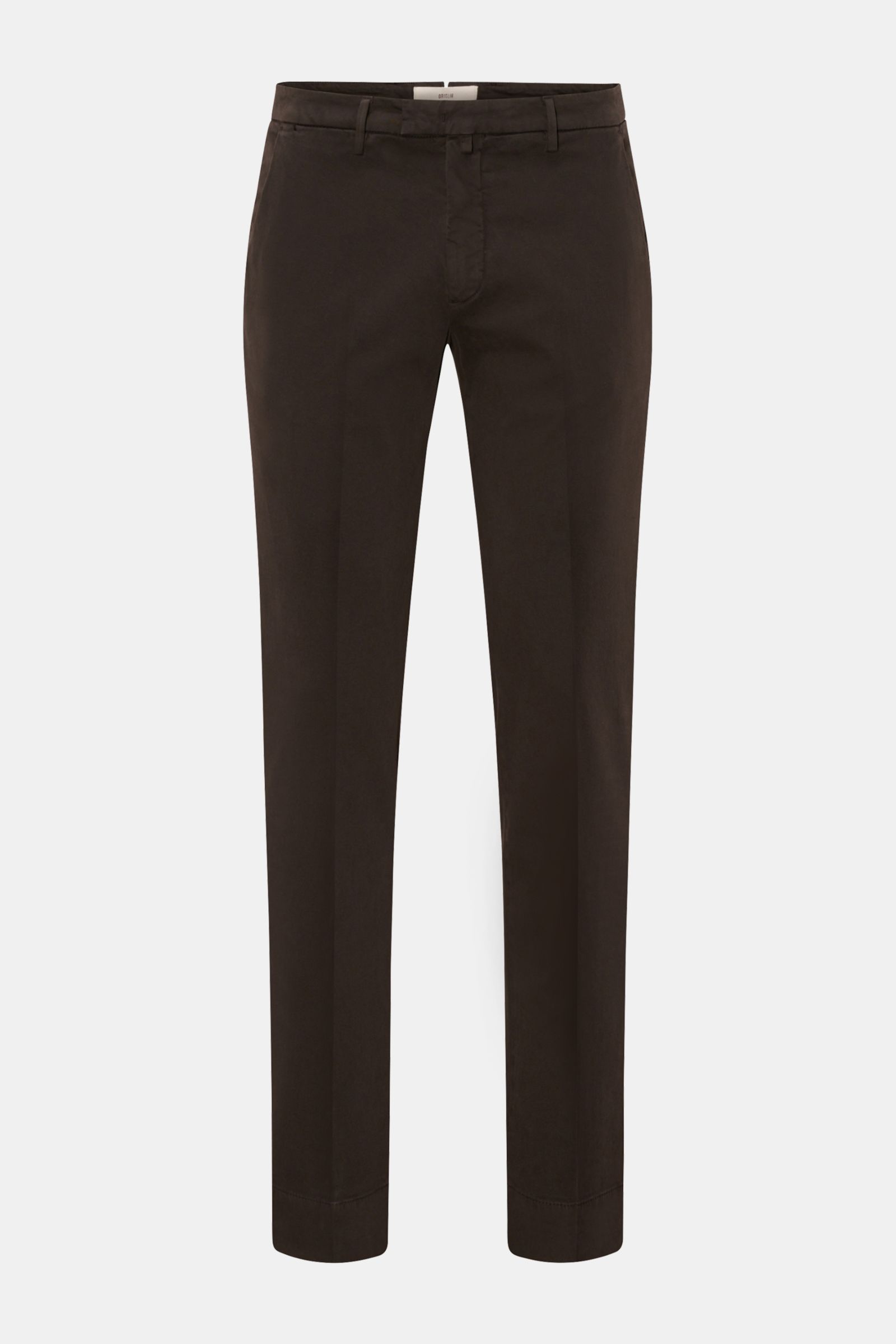 Briglia 1949 Baumwollhose dunkelbraun, Slim Fit, schmal zulaufend, elastische Baumwolle, Reißverschluss, Bundknopf, französische Taschen, drei Gesäßtaschen, frontale Perspektive.