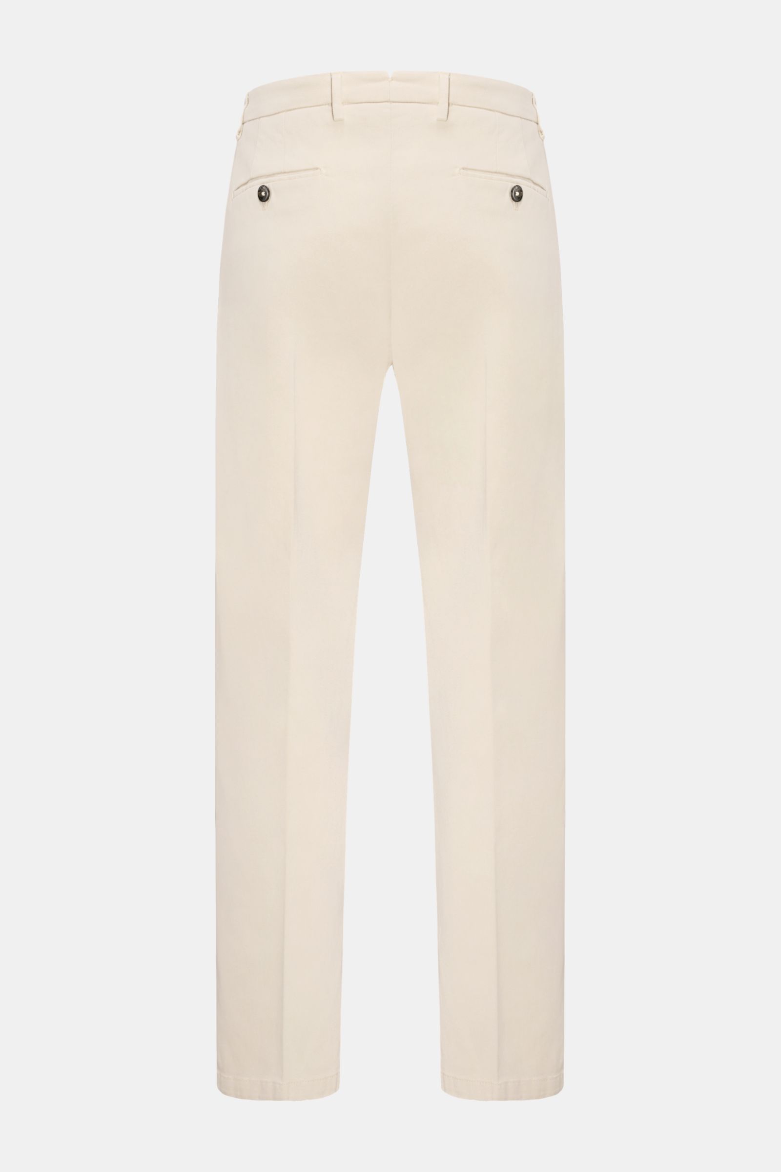 Rear view of Briglia 1949 Chinos 'Platti' sand, made of twill lyocell and cotton, elasticated fabric, soft feel, tapered fit, regular thigh width, ankle length, slightly tapered cut, zip and waist button, double pleat, jetted pockets, back pockets with bu