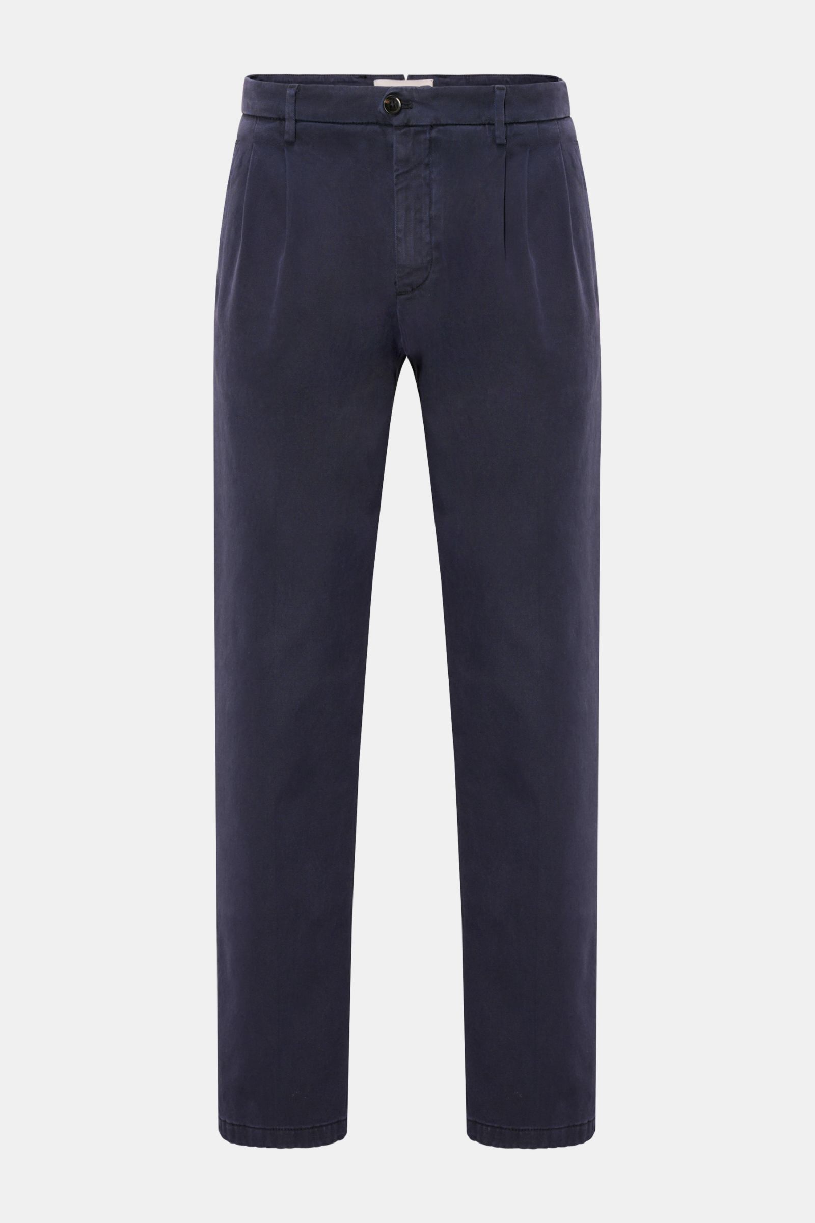 Briglia 1949 Chino 'Platti' graublau frontal, knöchellang, tapered Fit, Twill aus Lyocell/Baumwolle, elastisch, weicher Griff, Bundfalte, Reißverschluss, Knopf, paspelierte Taschen, Gesäßtaschen mit Knopf.