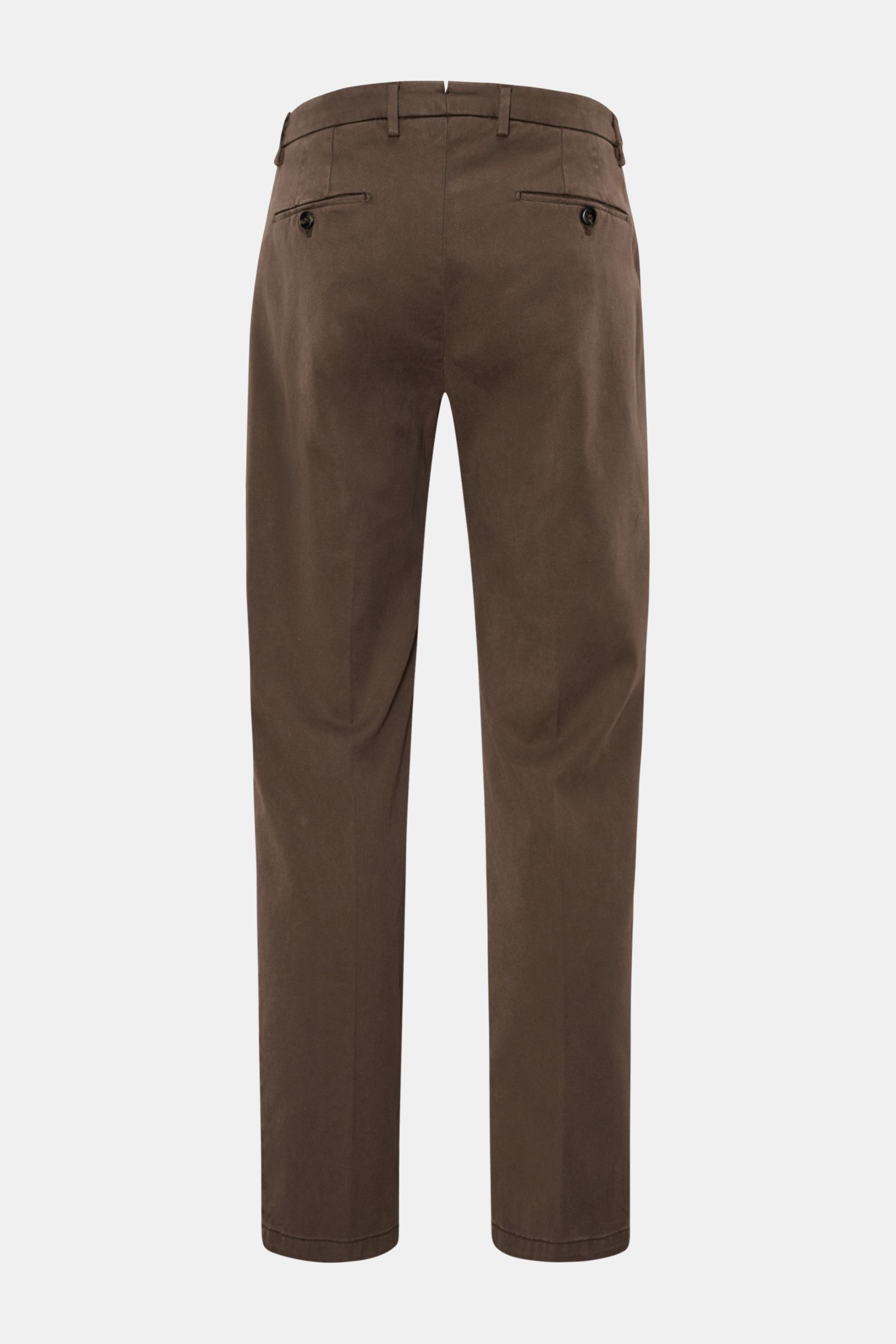 Briglia 1949 Chino 'Platti' graubraun, rückseitige Ansicht, knöchellang, Twill aus Lyocell und Baumwolle, elastisch, weicher Griff, Tapered Fit, Bundknopf, Reißverschluss, doppelte Bundfalte, paspelierte Taschen, Gesäßtaschen mit Knopf.